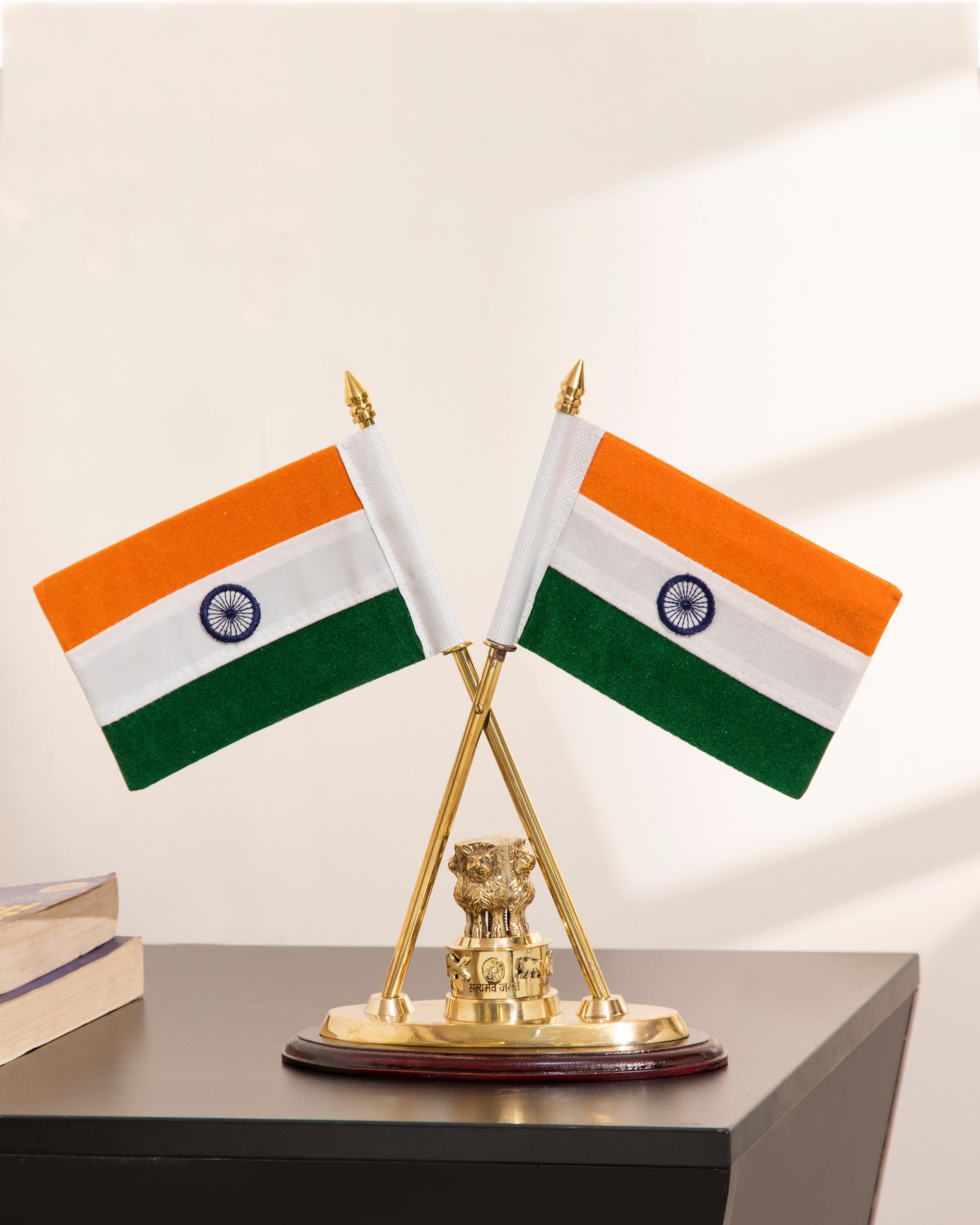 Brass National Flag Stand with Ashoka Emblem - 12 inch