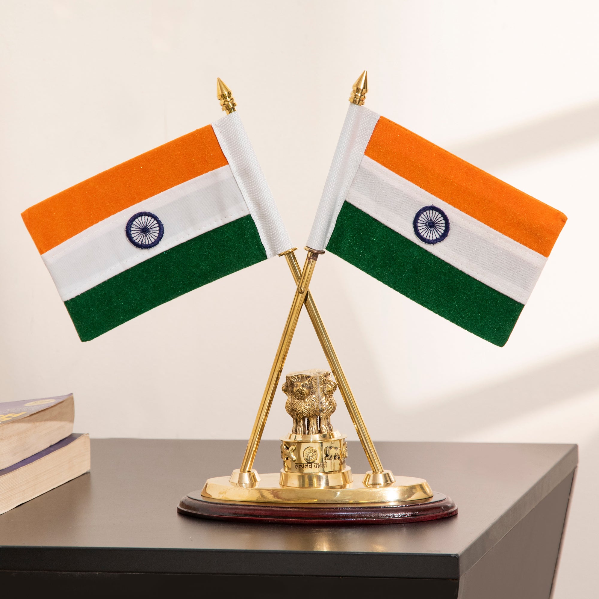 Brass National Flag Stand with Ashoka Emblem - 12 inch