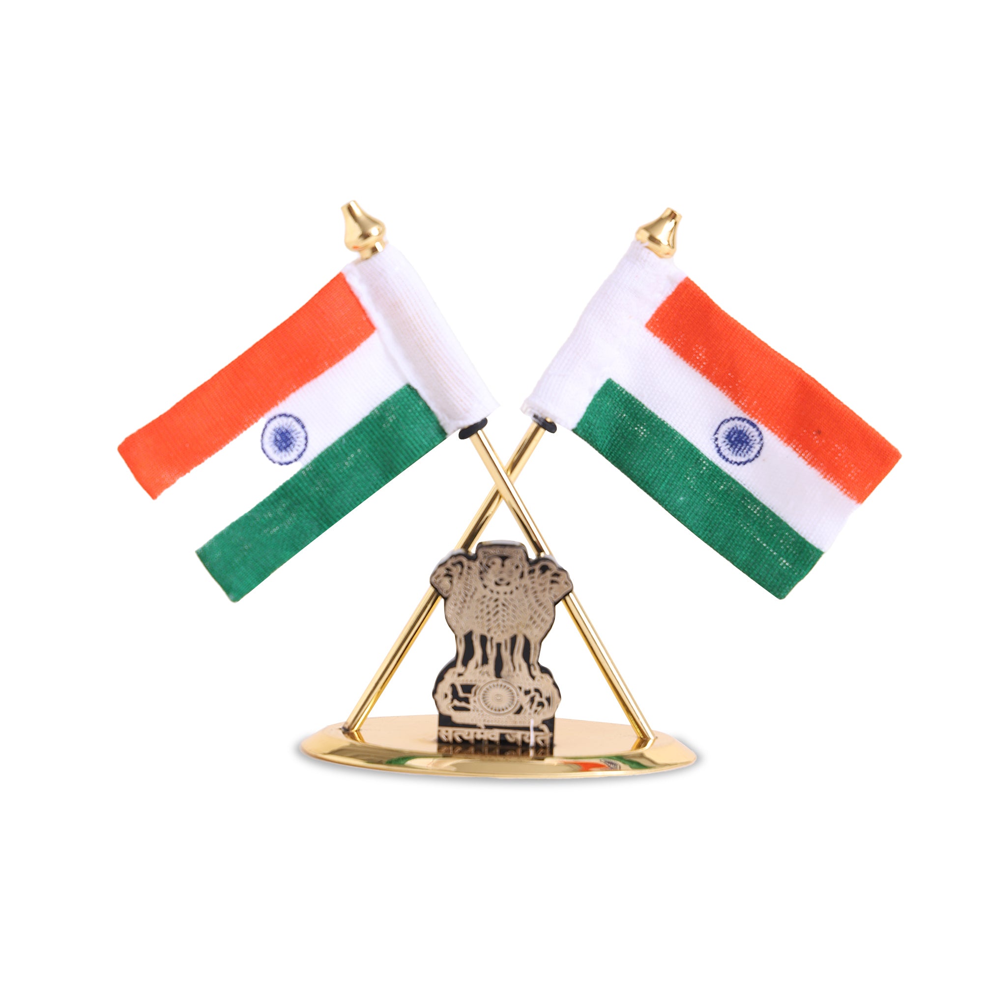Brass coating Indian Flag with Ashok Stambh for Car Dashboard - 4 inch