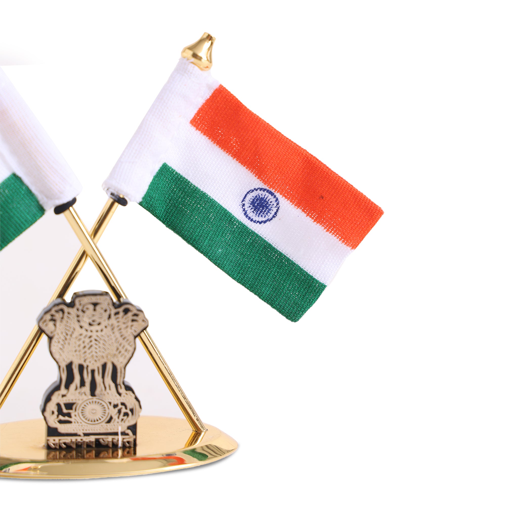Brass coating Indian Flag with Ashok Stambh for Car Dashboard - 4 inch