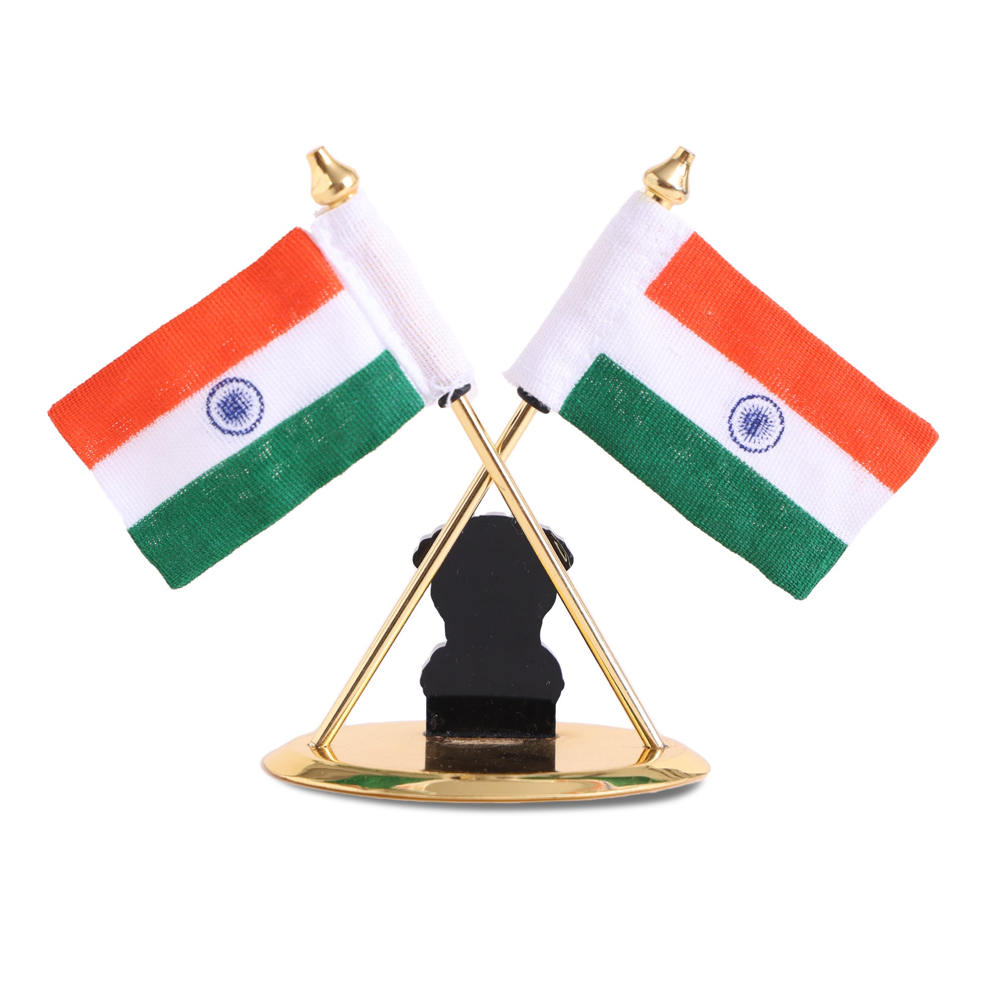 Brass coating Indian Flag with Ashok Stambh for Car Dashboard - 4 inch