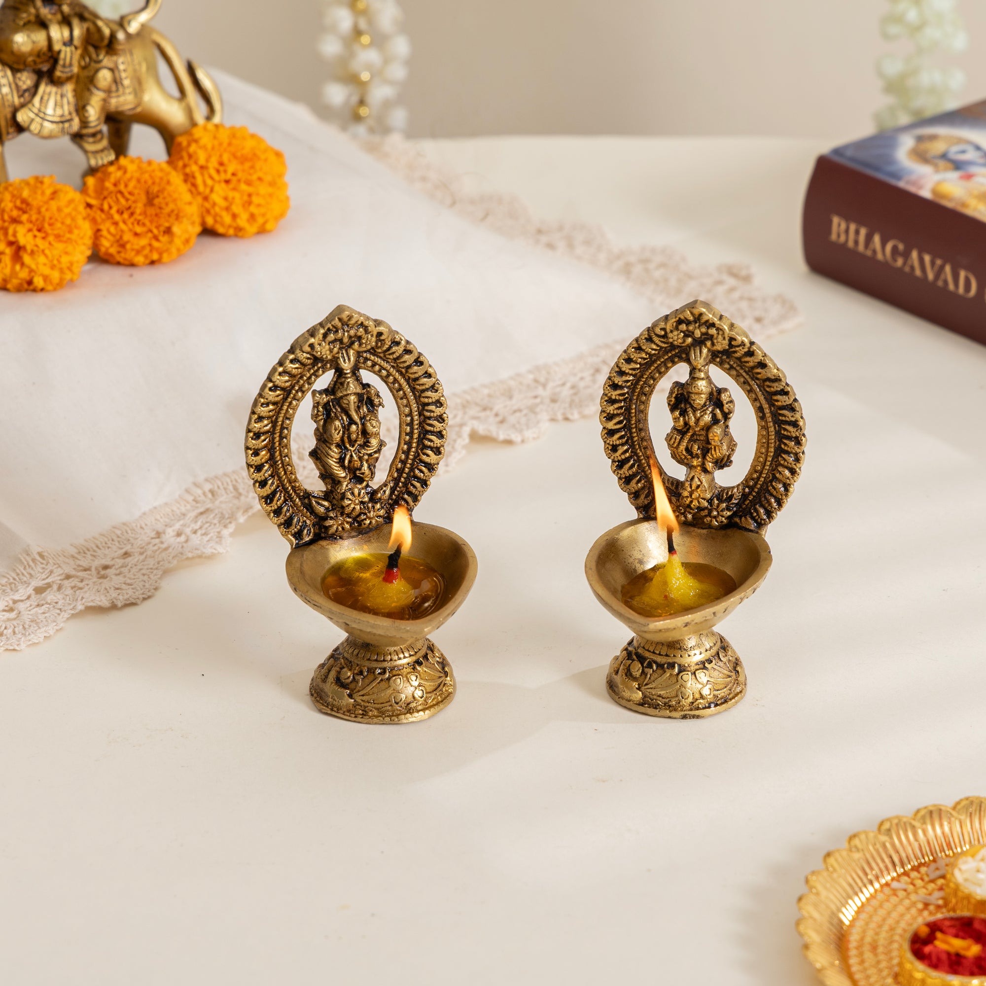 Brass Lakshmi Ganesh Diya Set of 2