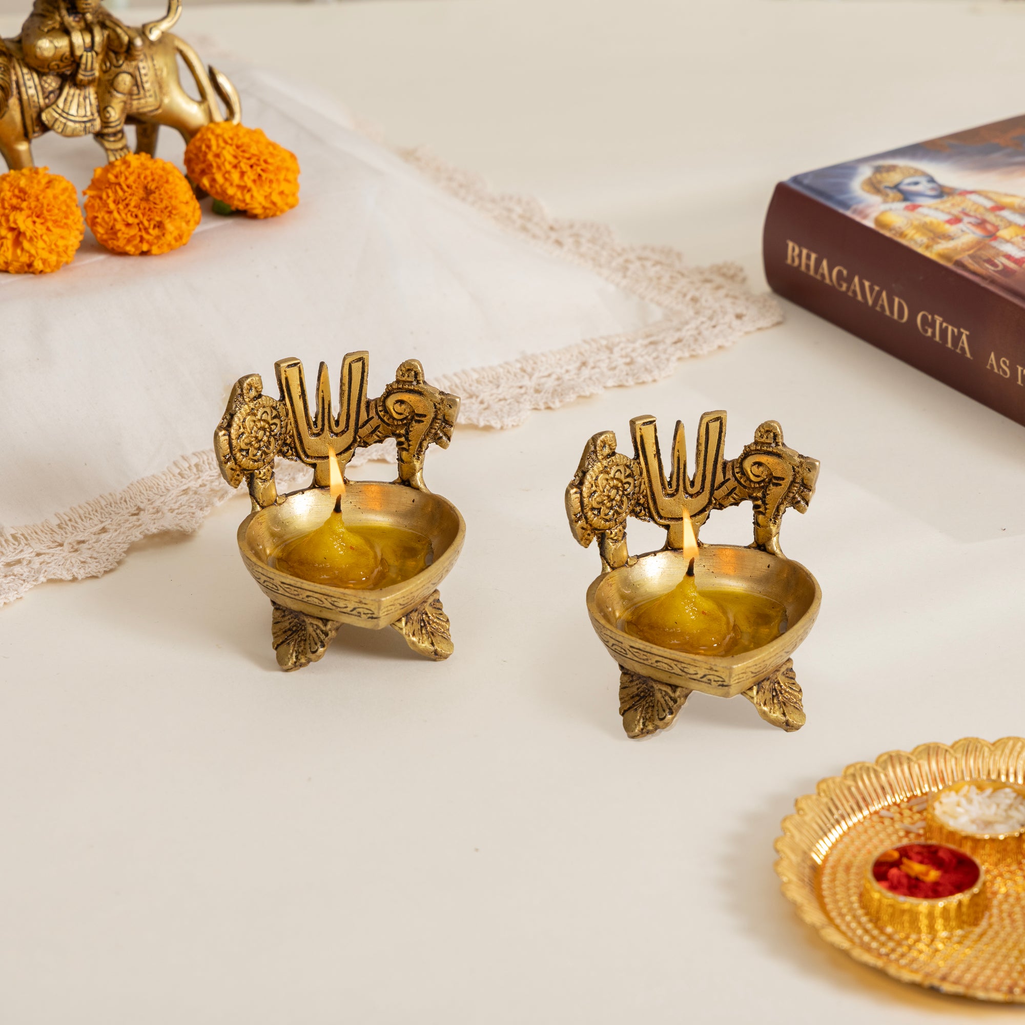 Brass Shankh Chakra Namam Diya Set of 4
