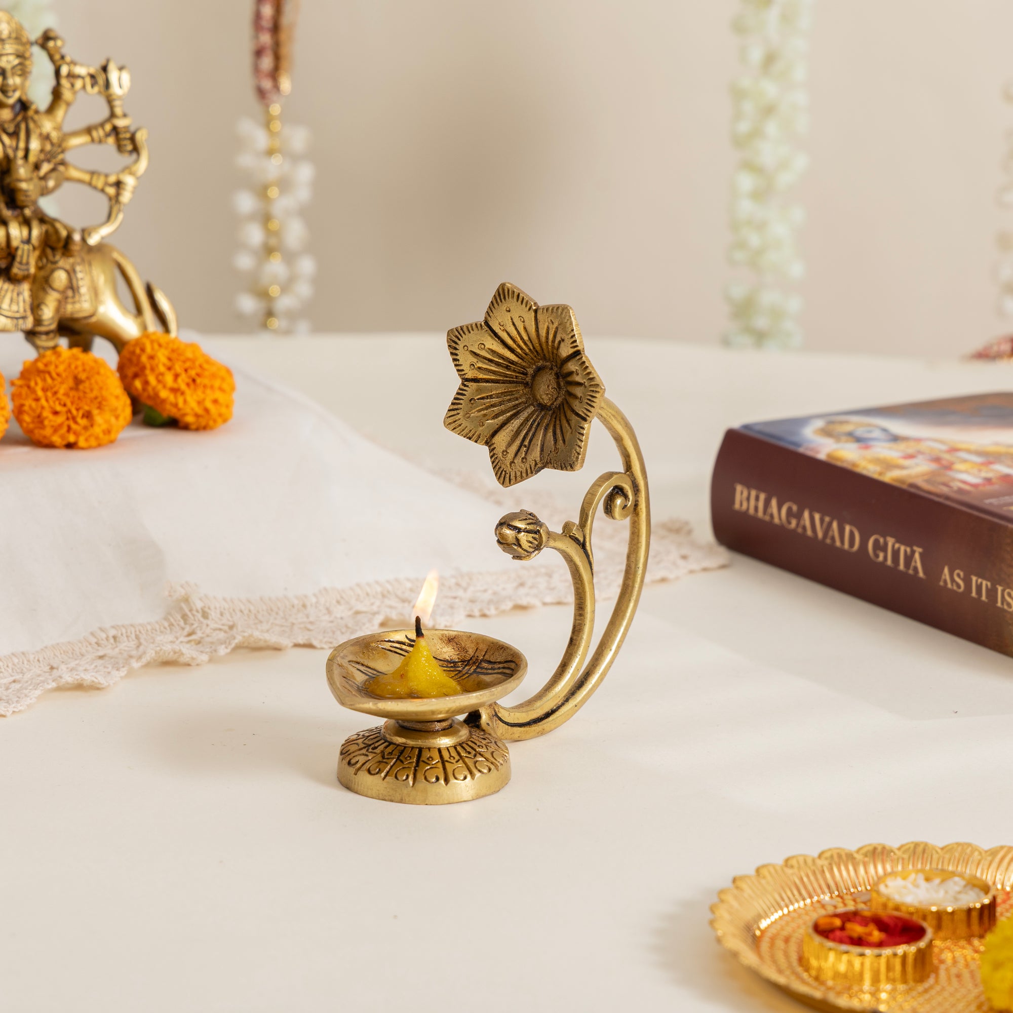Handcrafted Pure Brass Diya with Flower Handle – Traditional Oil Lamp for Pooja & Decor Set of 2