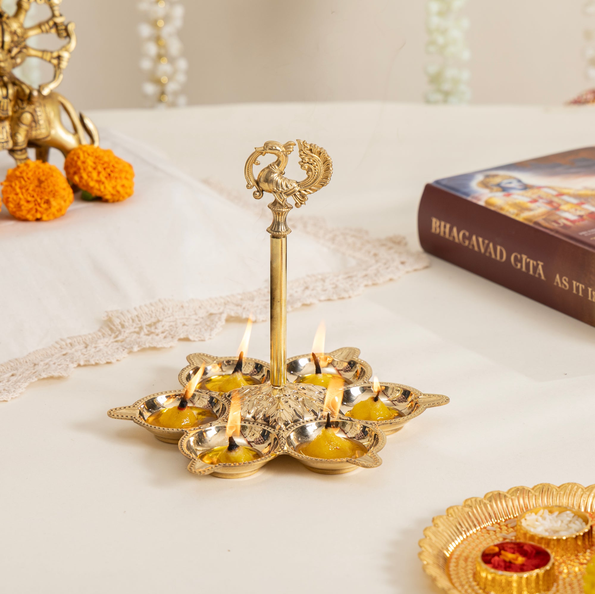 Peacock Brass Diya for Home Decor Set of 2