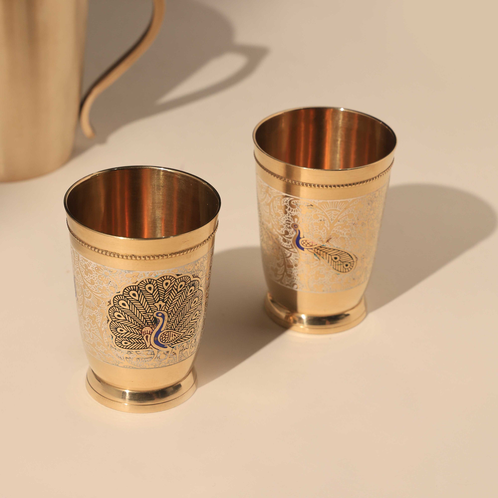 Brass Encraved Peacock Glass Set of 2