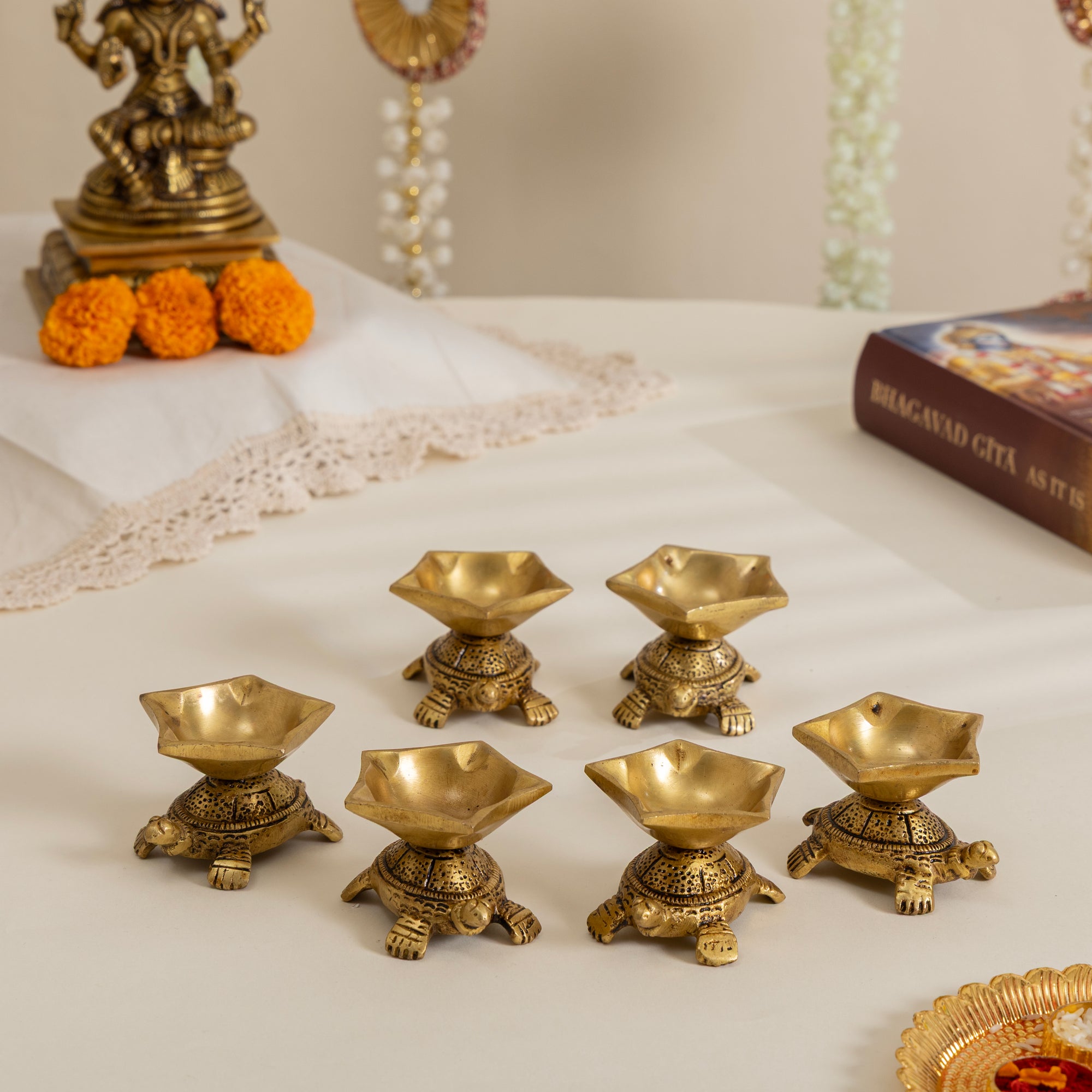 Turtle Design Deepak Diya – Brass Diya for Pooja & Home Temple Set of 6