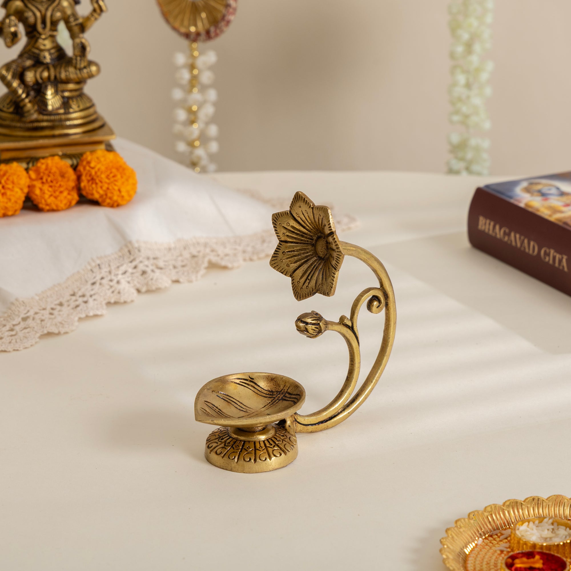 Handcrafted Pure Brass Diya with Flower Handle – Traditional Oil Lamp for Pooja & Decor Set of 2