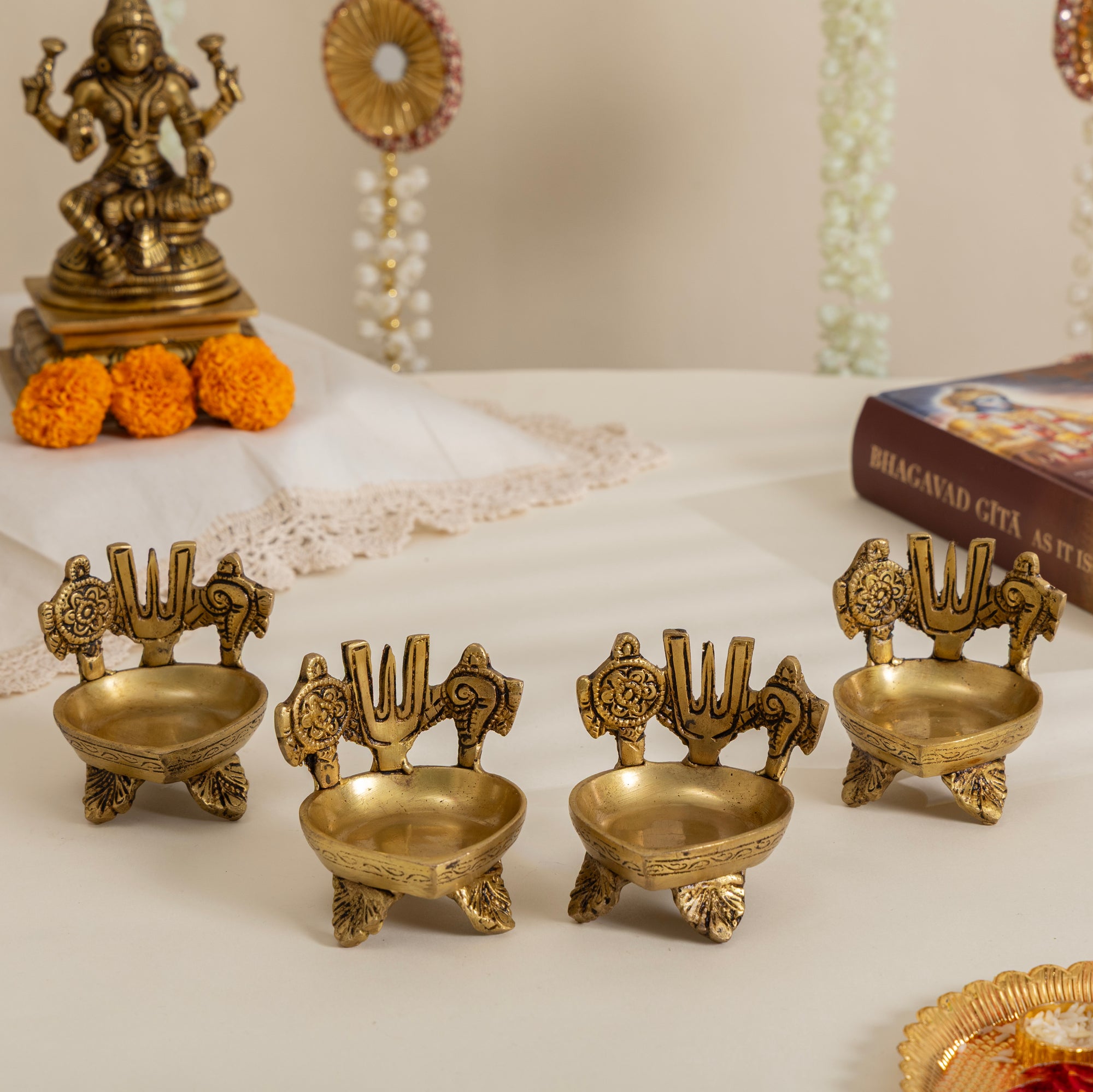 Brass Shankh Chakra Namam Diya Set of 4