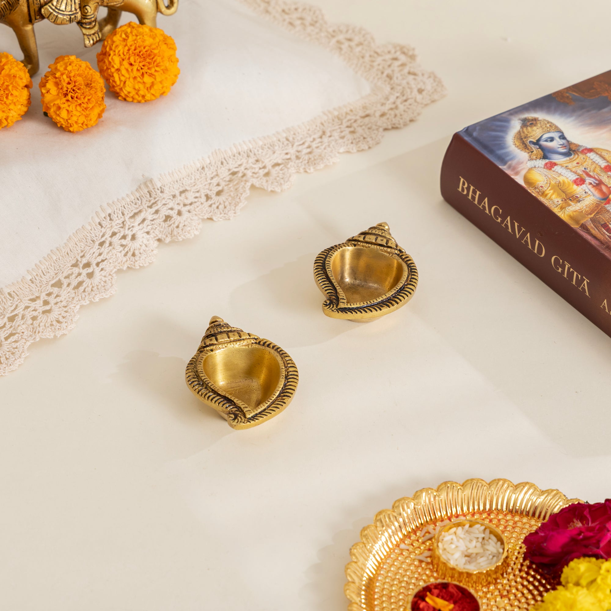 Brass Shankh Shaped Diya Set of 2