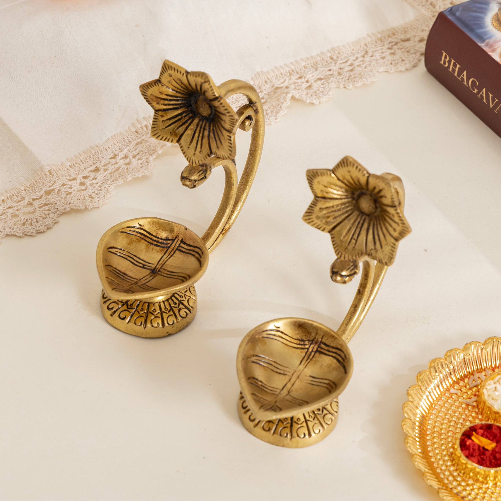 Handcrafted Pure Brass Diya with Flower Handle – Traditional Oil Lamp for Pooja & Decor Set of 2