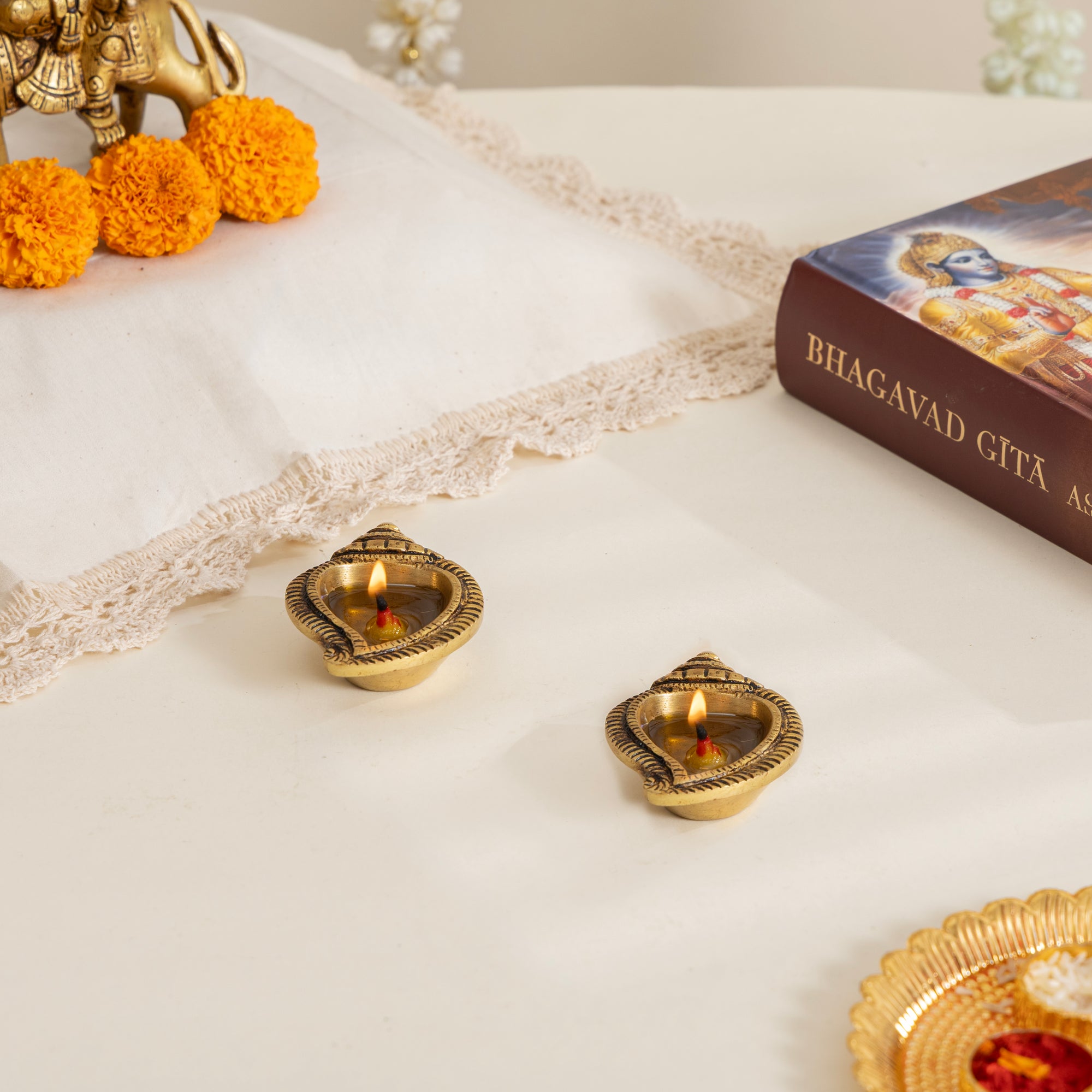 Brass Shankh Shaped Diya Set of 2