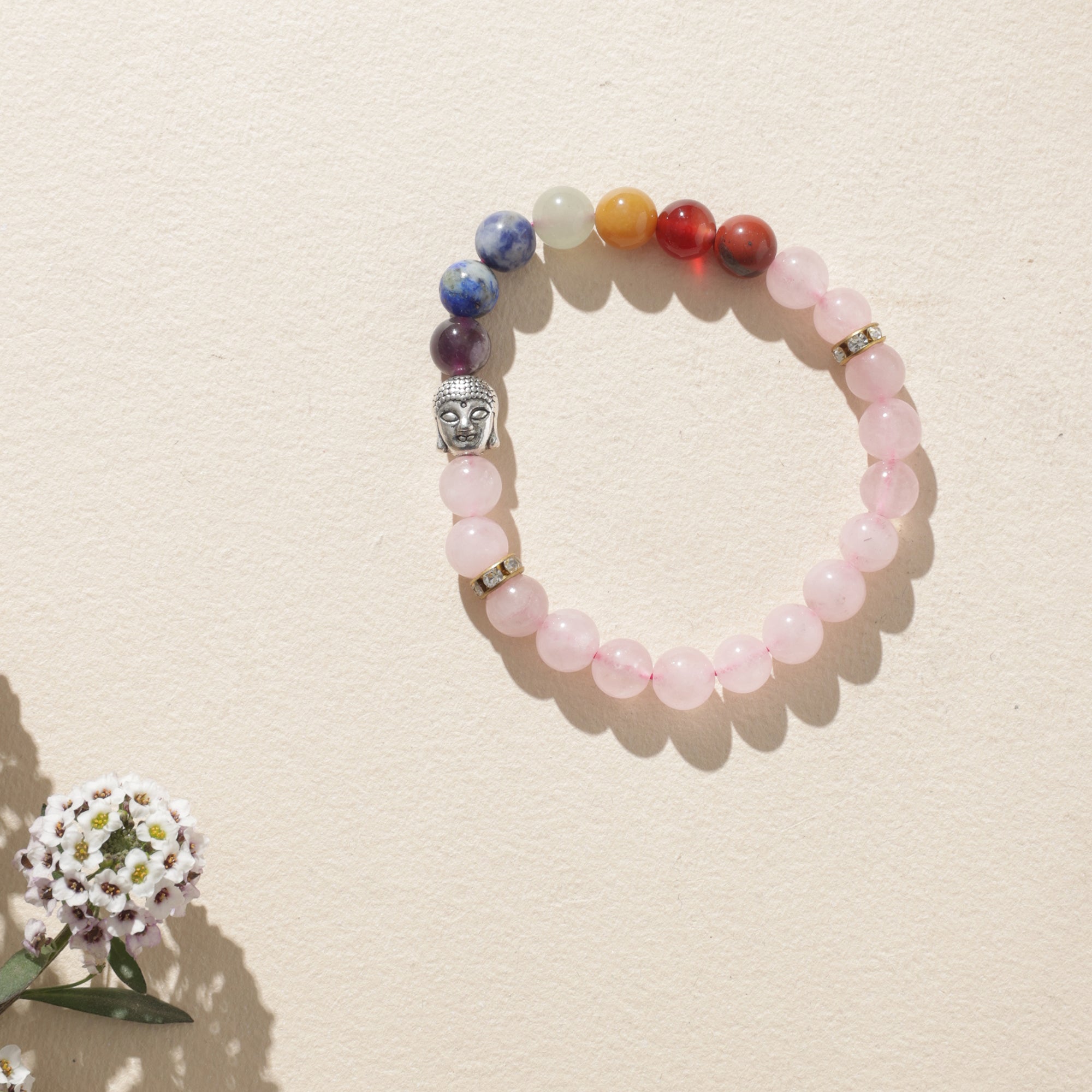Certified Rose Quartz with 7 Chakra Bracelet with Buddha Head Charm