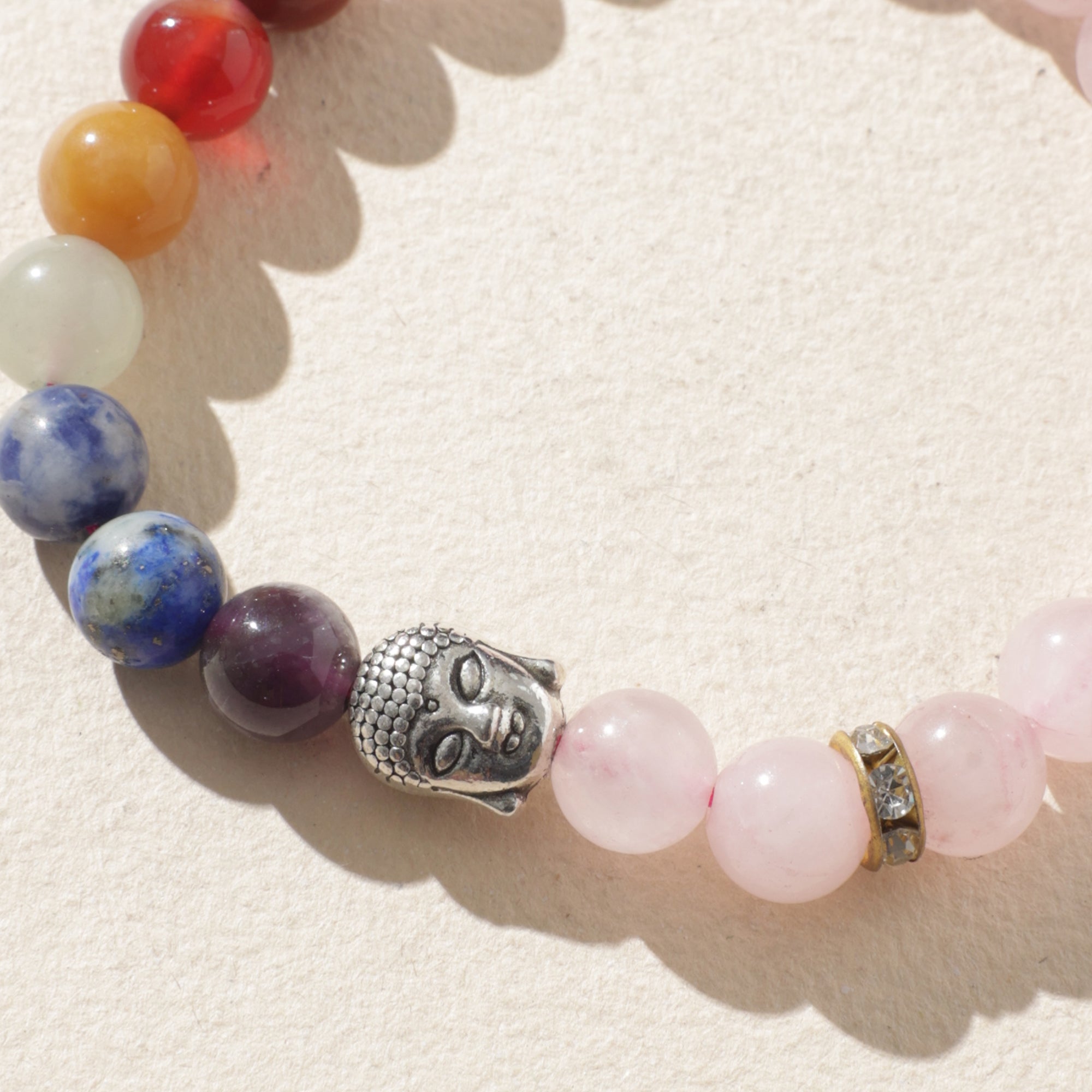Certified Rose Quartz with 7 Chakra Bracelet with Buddha Head Charm
