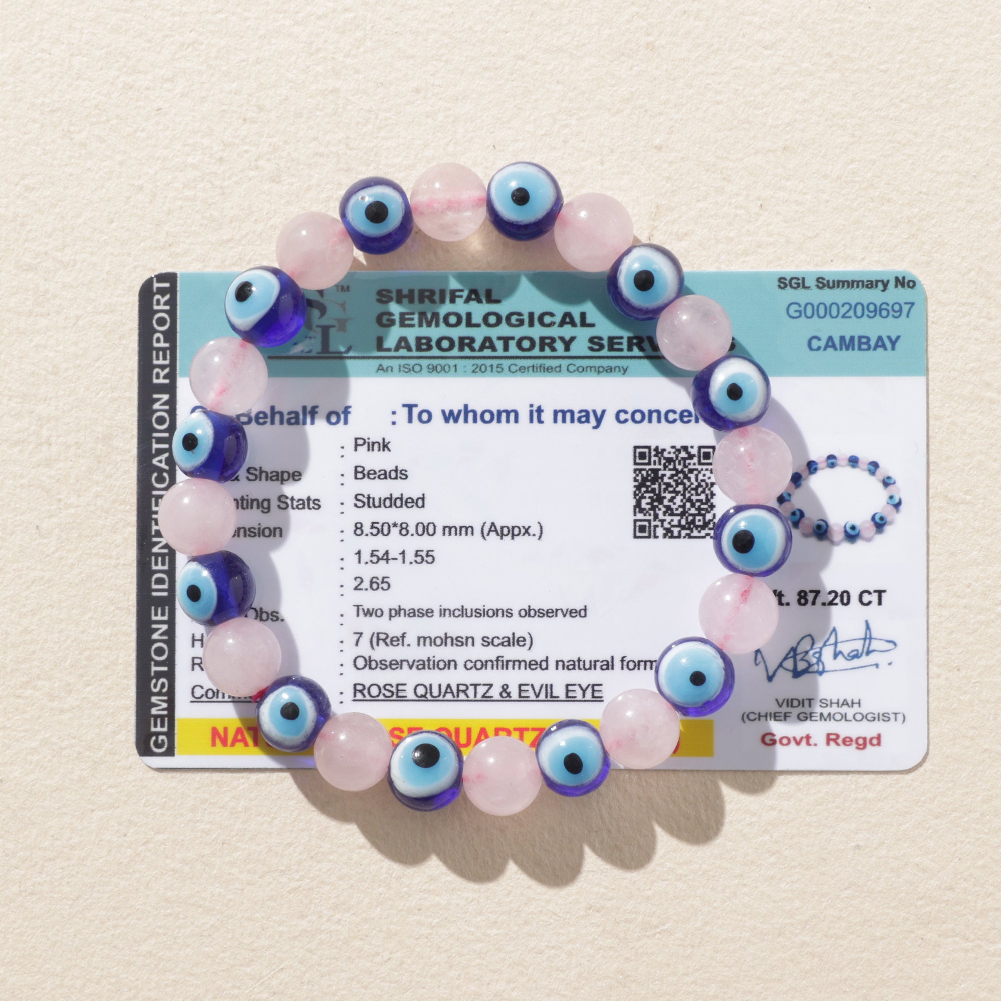 Certified Rose Quartz & Turkish Evil Eye Bracelet
