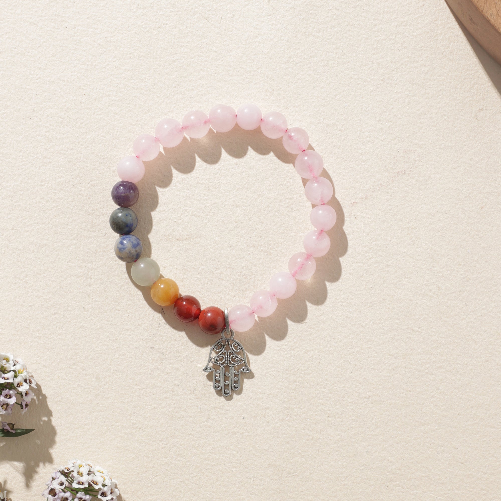 Certified Rose Quartz & 7 Chakra Bracelet with Hamsa Charm