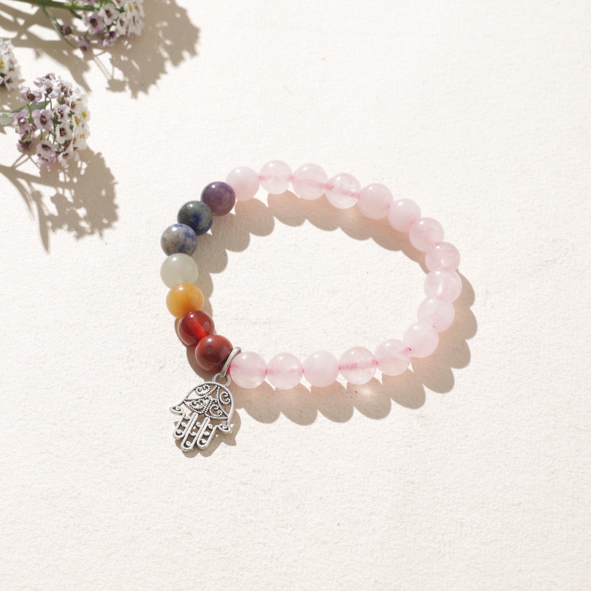Certified Rose Quartz & 7 Chakra Bracelet with Hamsa Charm