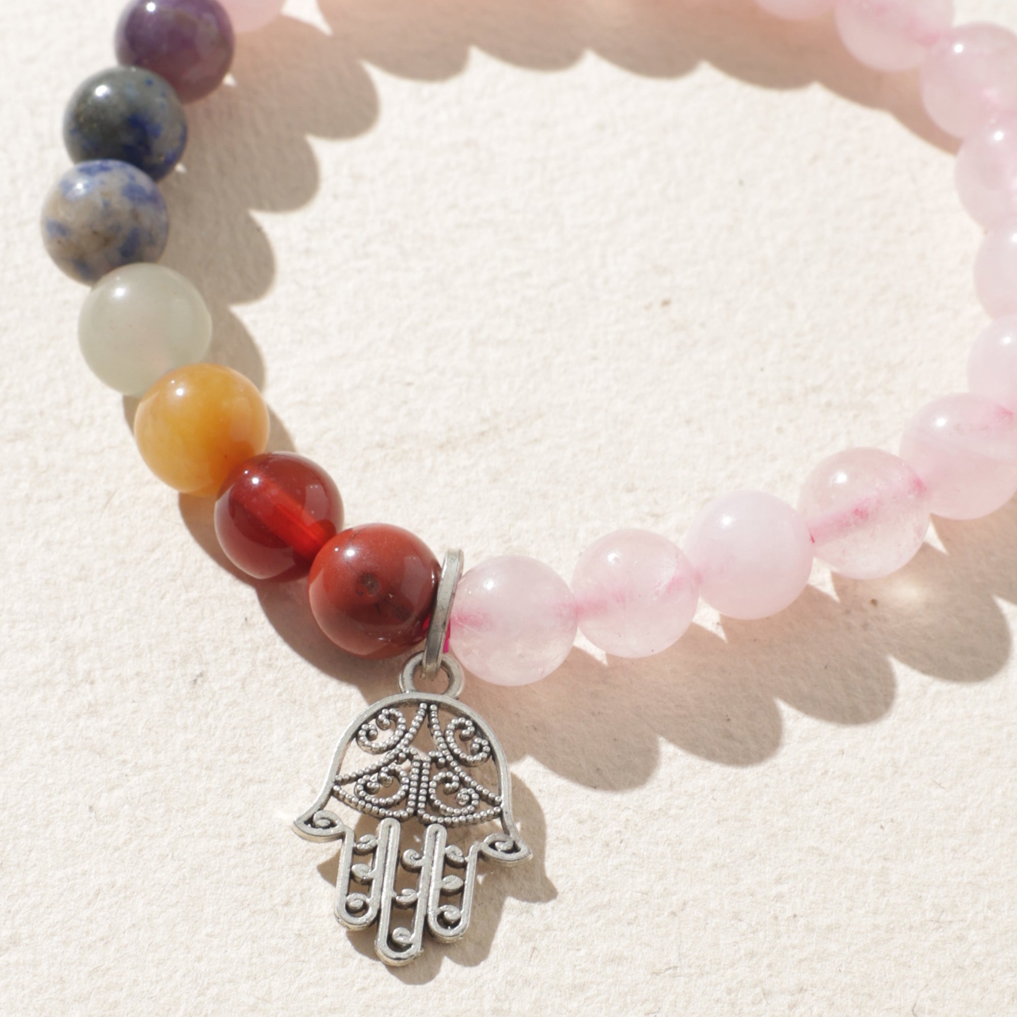 Certified Rose Quartz & 7 Chakra Bracelet with Hamsa Charm