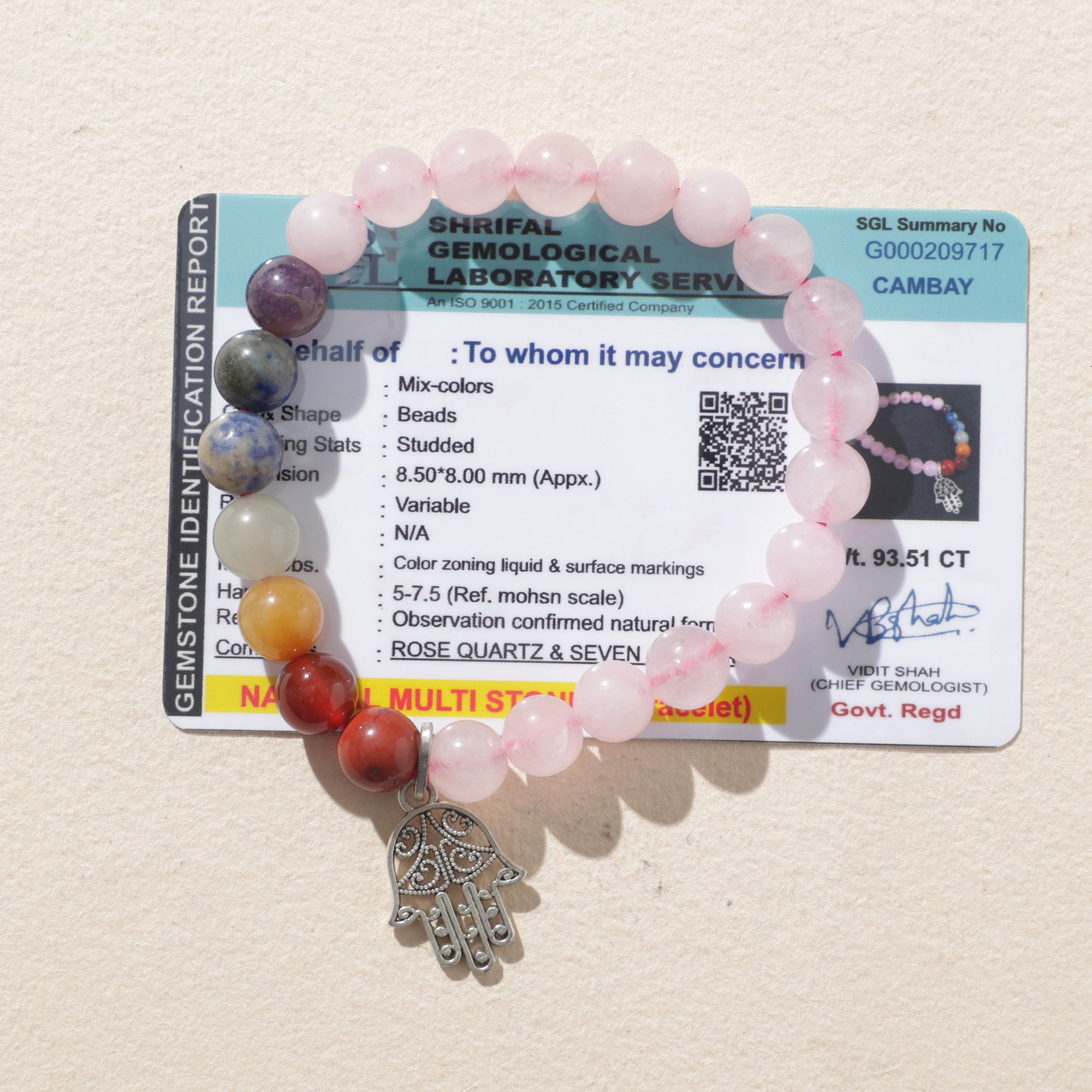 Certified Rose Quartz & 7 Chakra Bracelet with Hamsa Charm