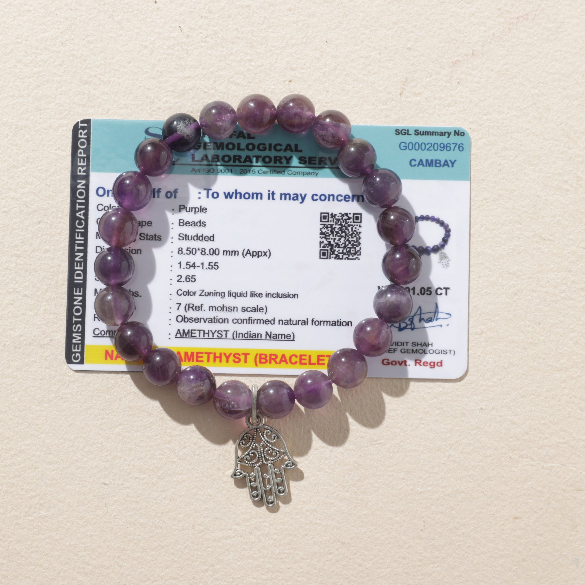 Certified Amethyst Bracelet with Hamsa Charm for Stress Relief