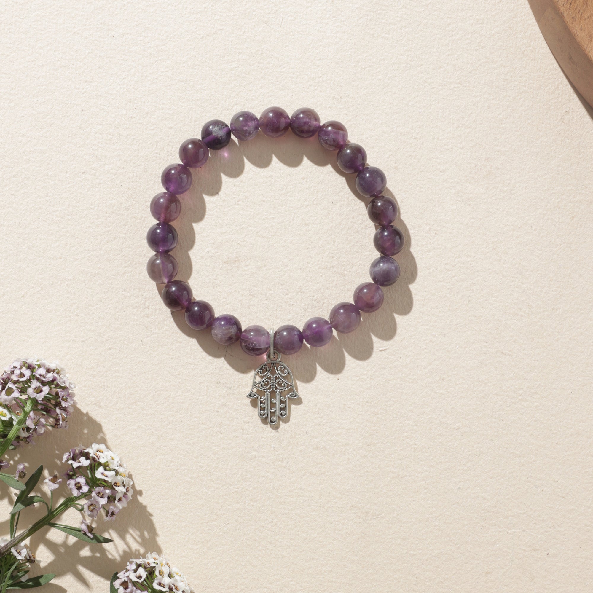 Certified Amethyst Bracelet with Hamsa Charm for Stress Relief