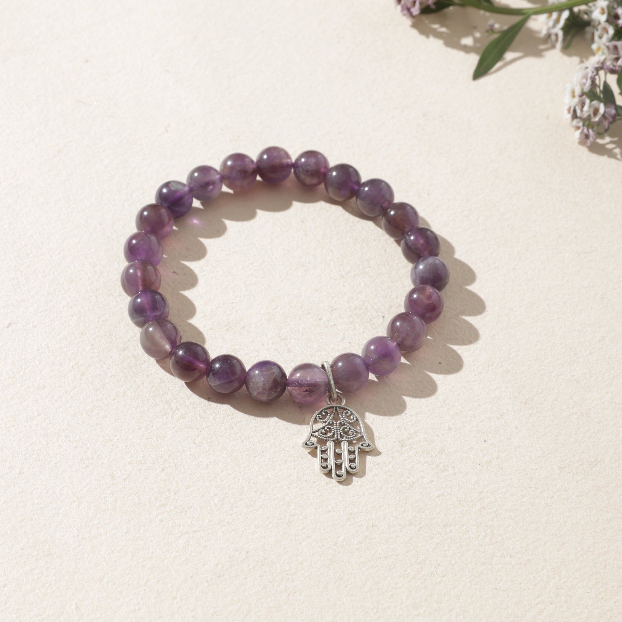 Certified Amethyst Bracelet with Hamsa Charm for Stress Relief