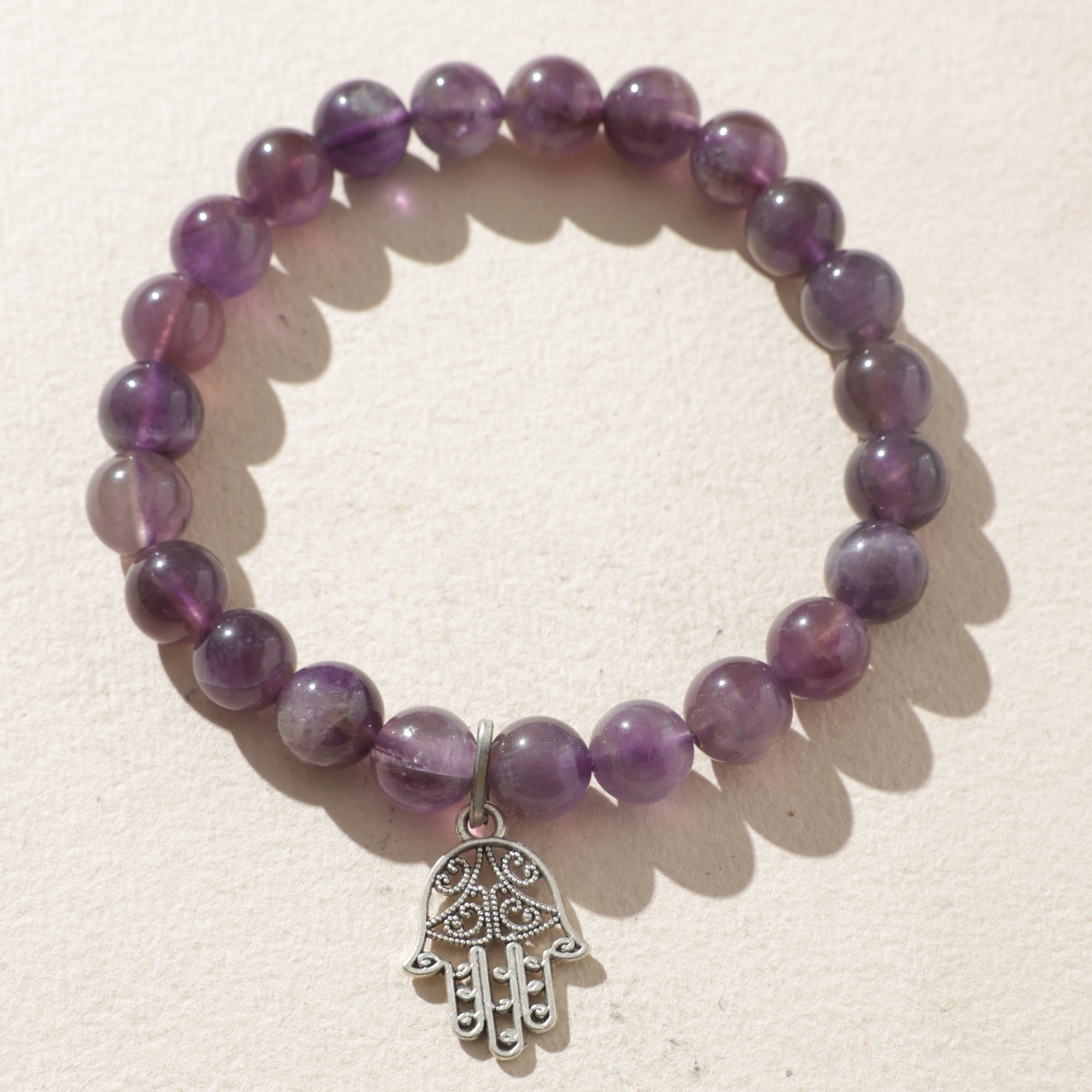 Certified Amethyst Bracelet with Hamsa Charm for Stress Relief