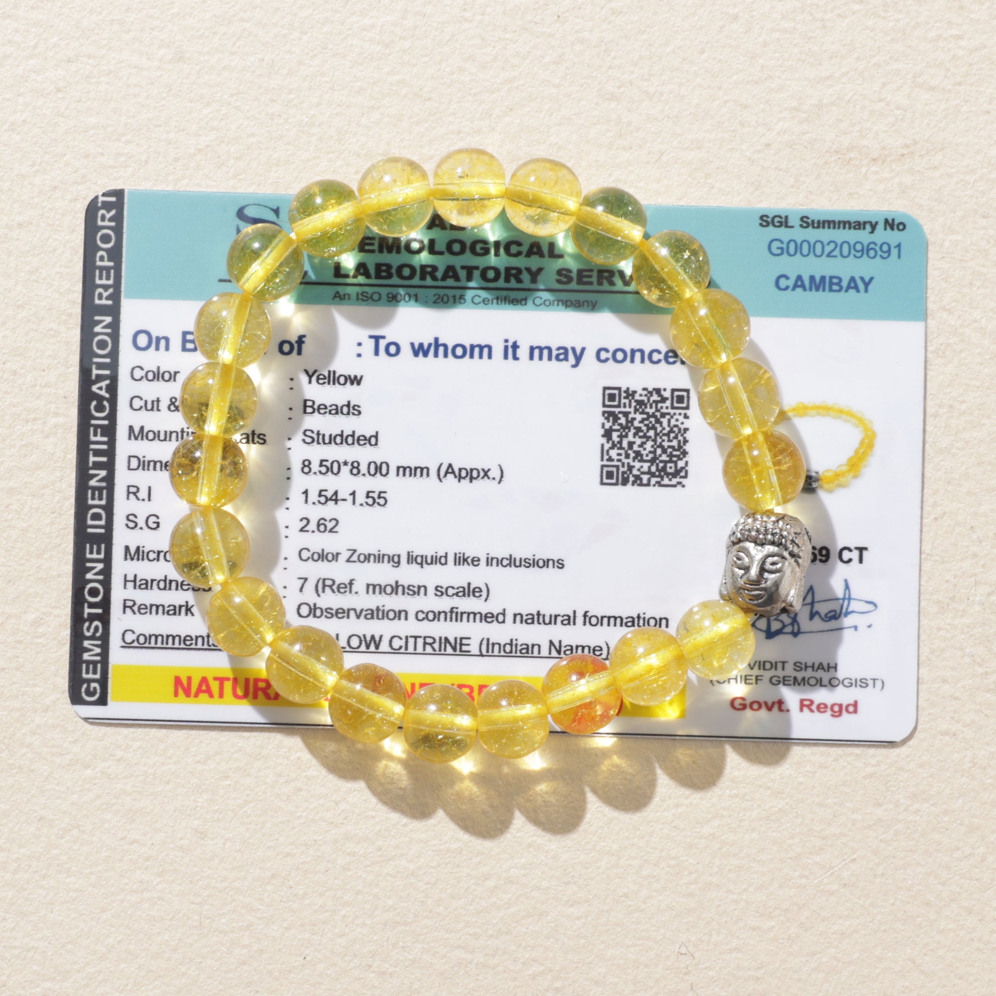 Certified Citrine Crystal Healing Bracelet with Buddha Head Charm
