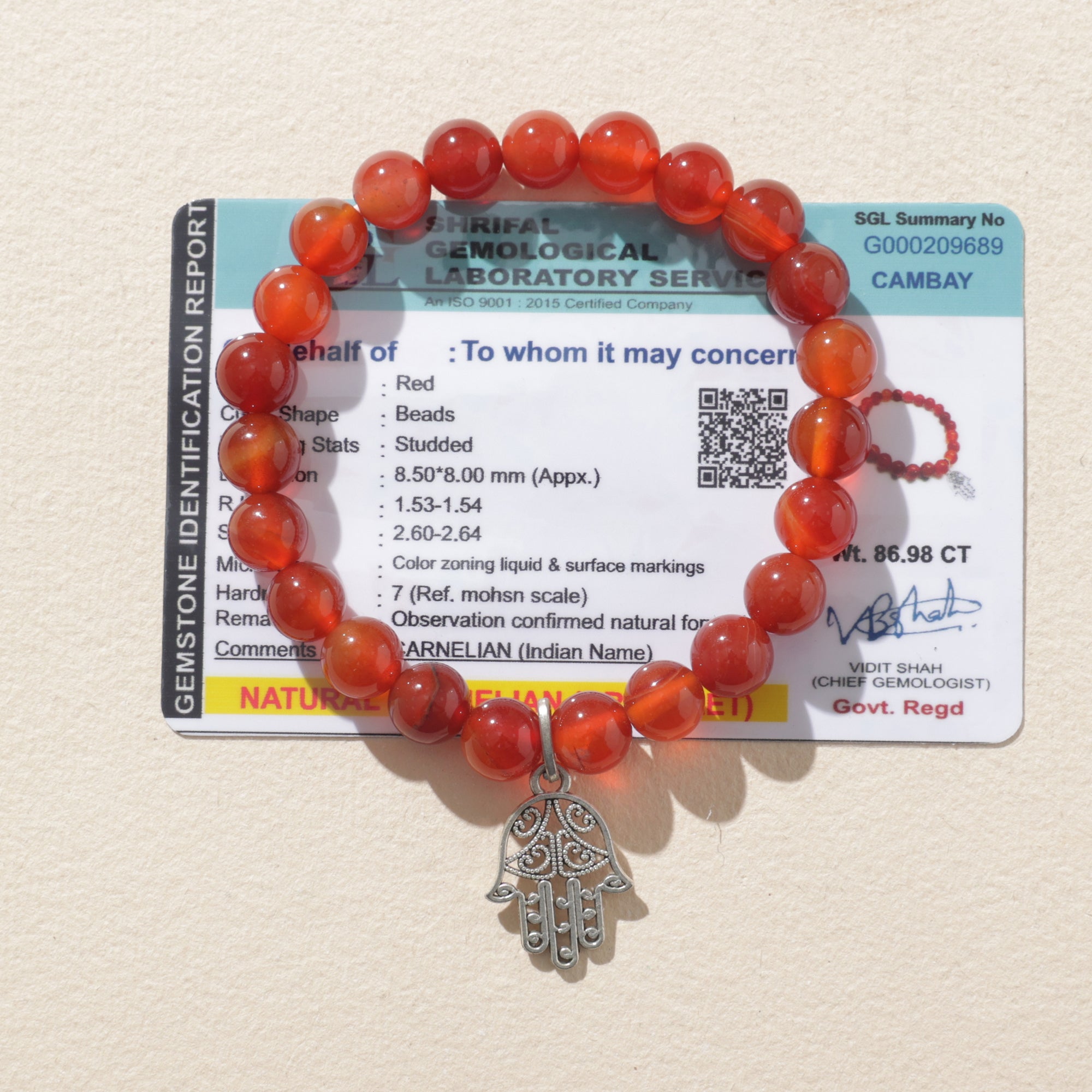 Certified Carnelian Crystal Healing Bracelet with Hamsa Charm
