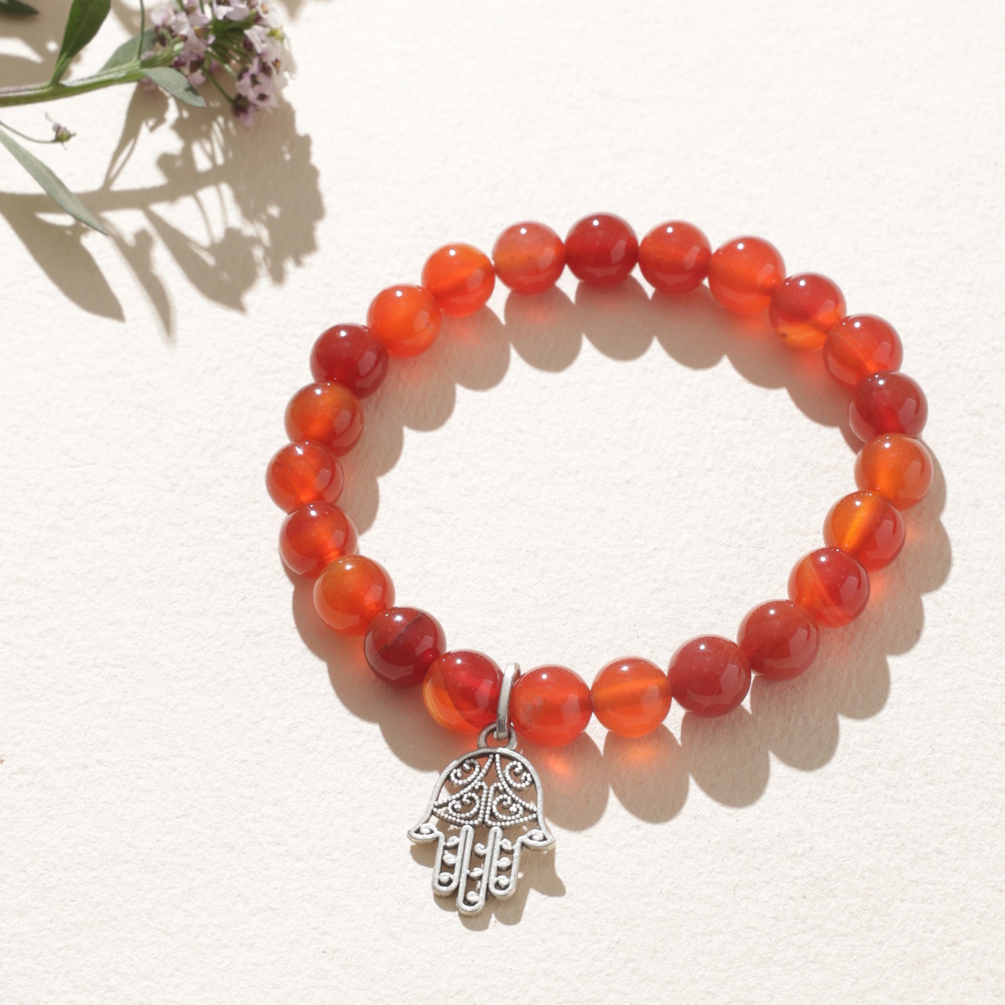 Certified Carnelian Crystal Healing Bracelet with Hamsa Charm