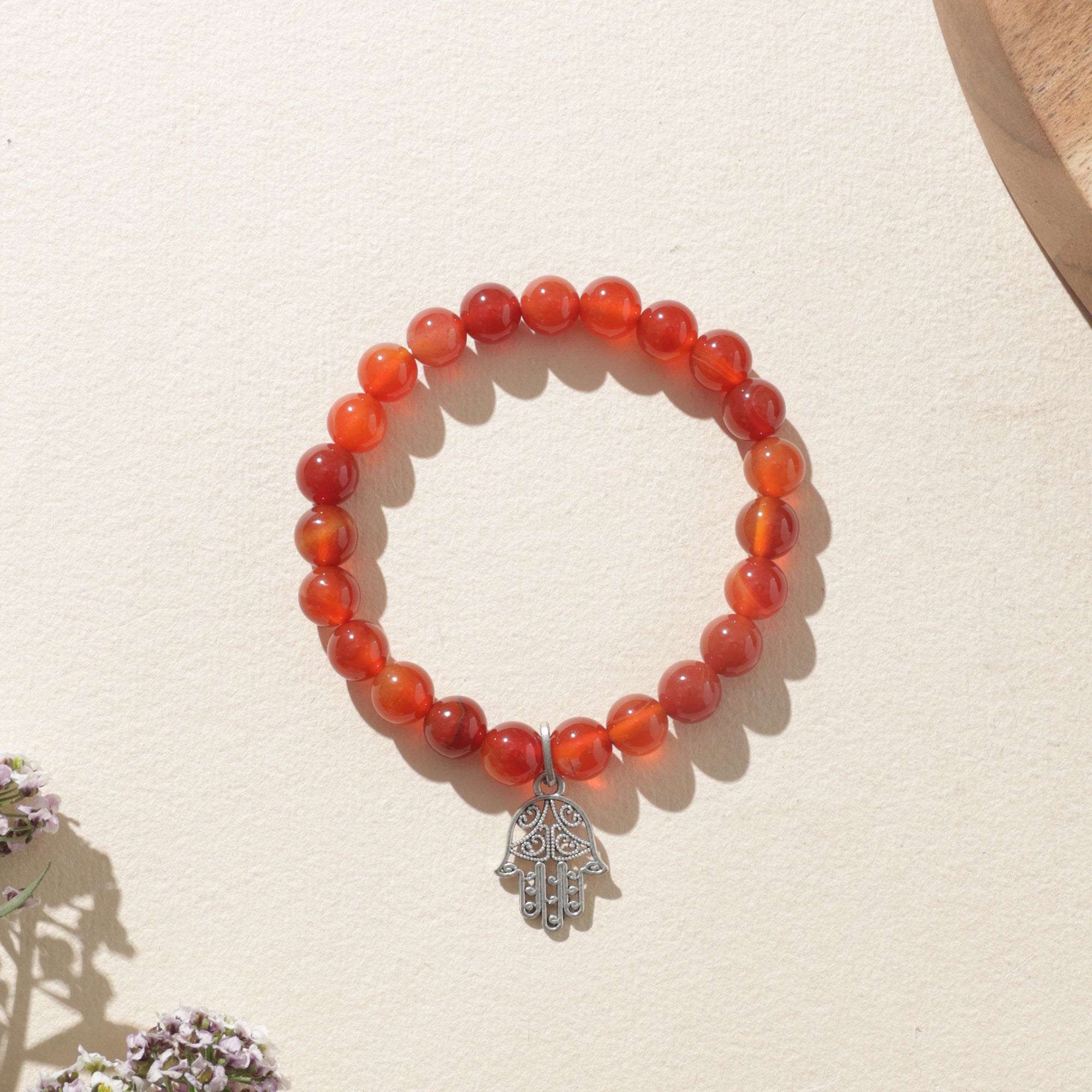 Certified Carnelian Crystal Healing Bracelet with Hamsa Charm