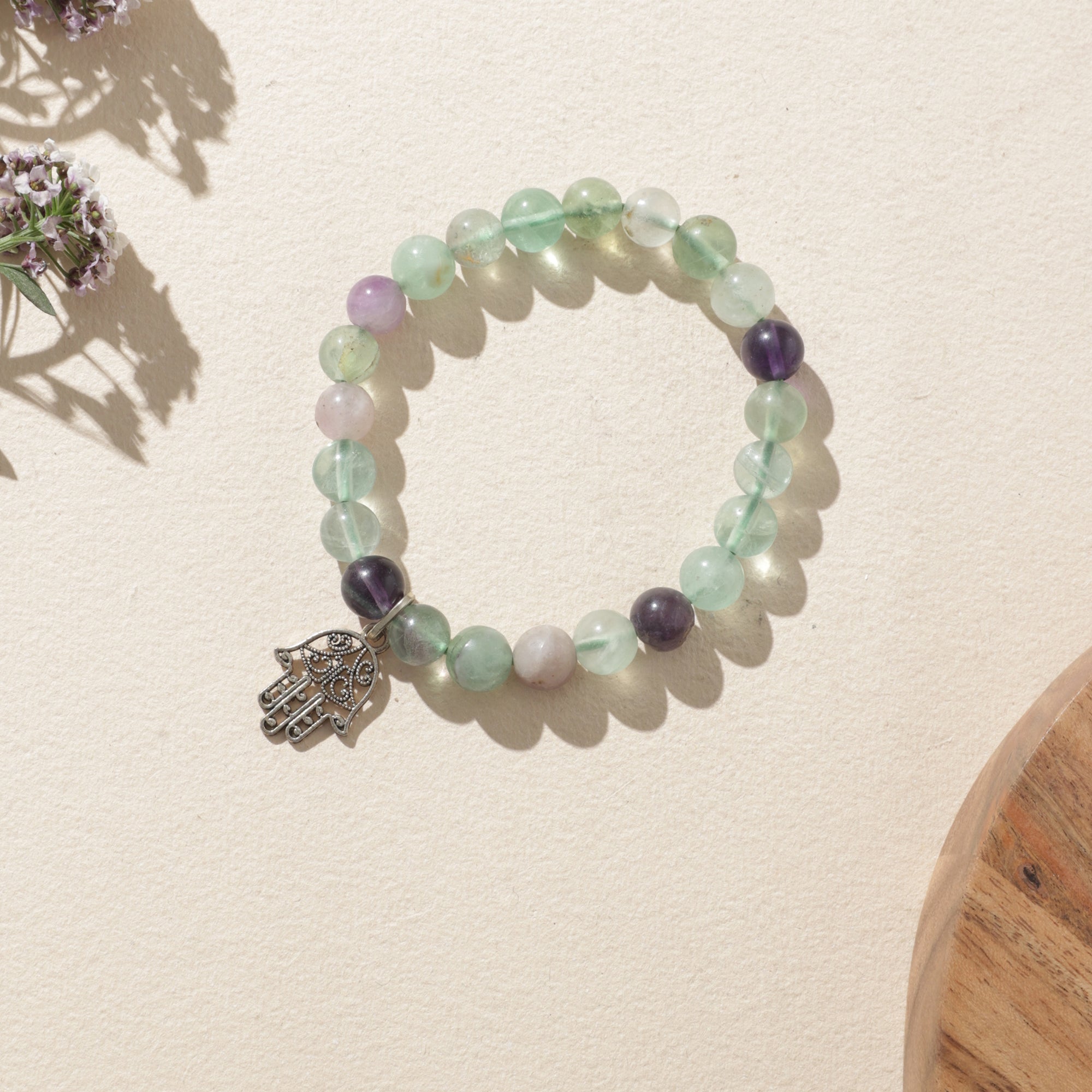 Certified Multi Fluorite Crystal Bracelet with Hamsa Charm