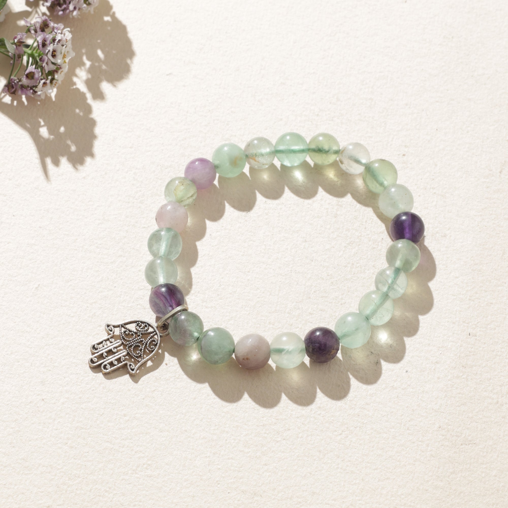 Certified Multi Fluorite Crystal Bracelet with Hamsa Charm