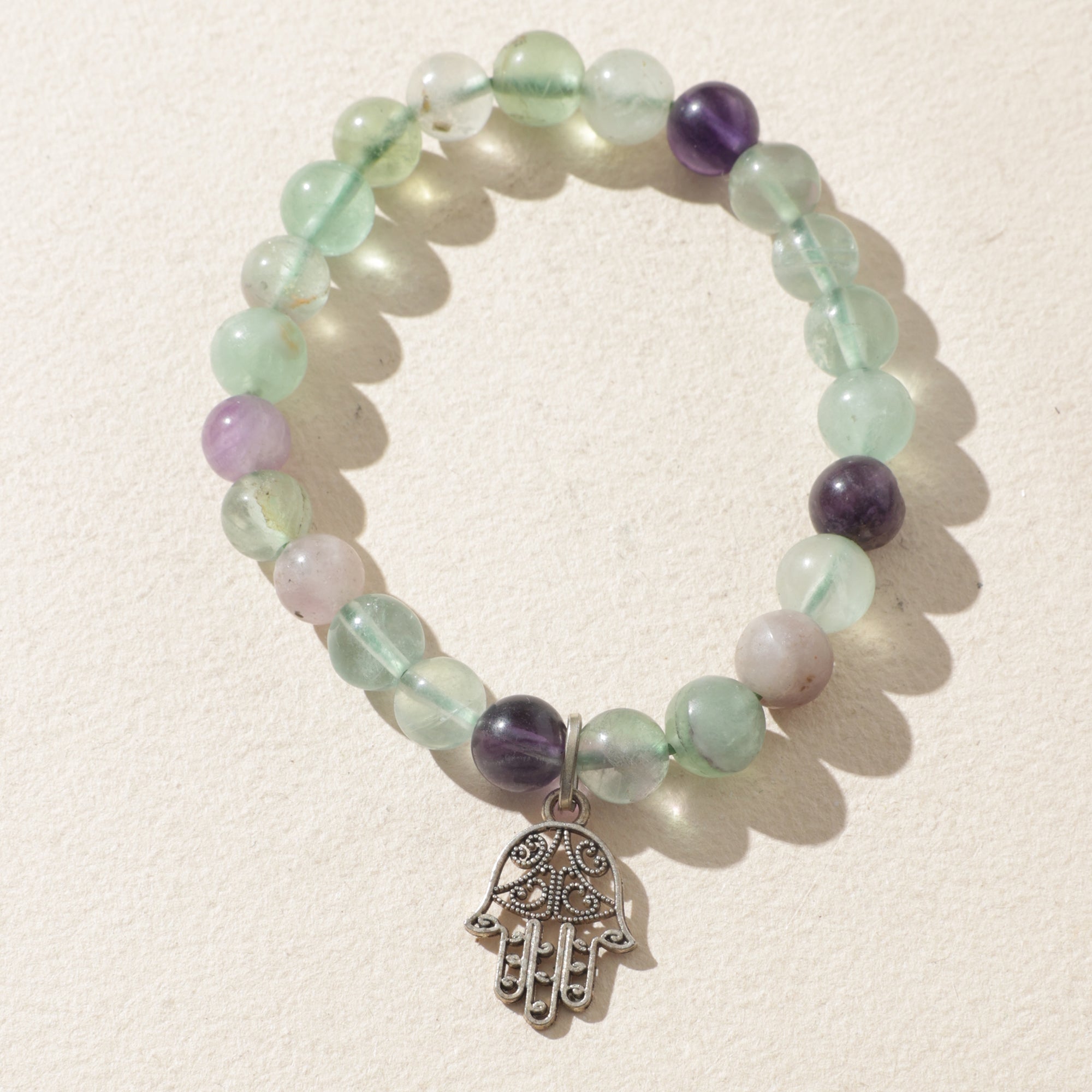 Certified Multi Fluorite Crystal Bracelet with Hamsa Charm