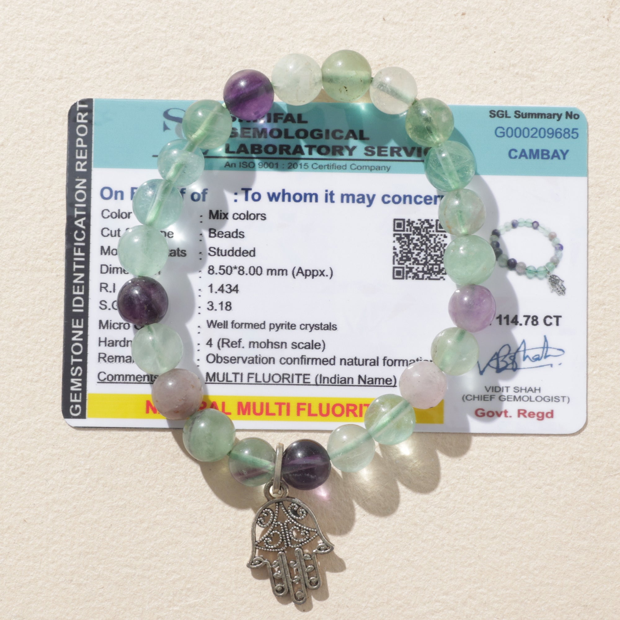 Certified Multi Fluorite Crystal Bracelet with Hamsa Charm