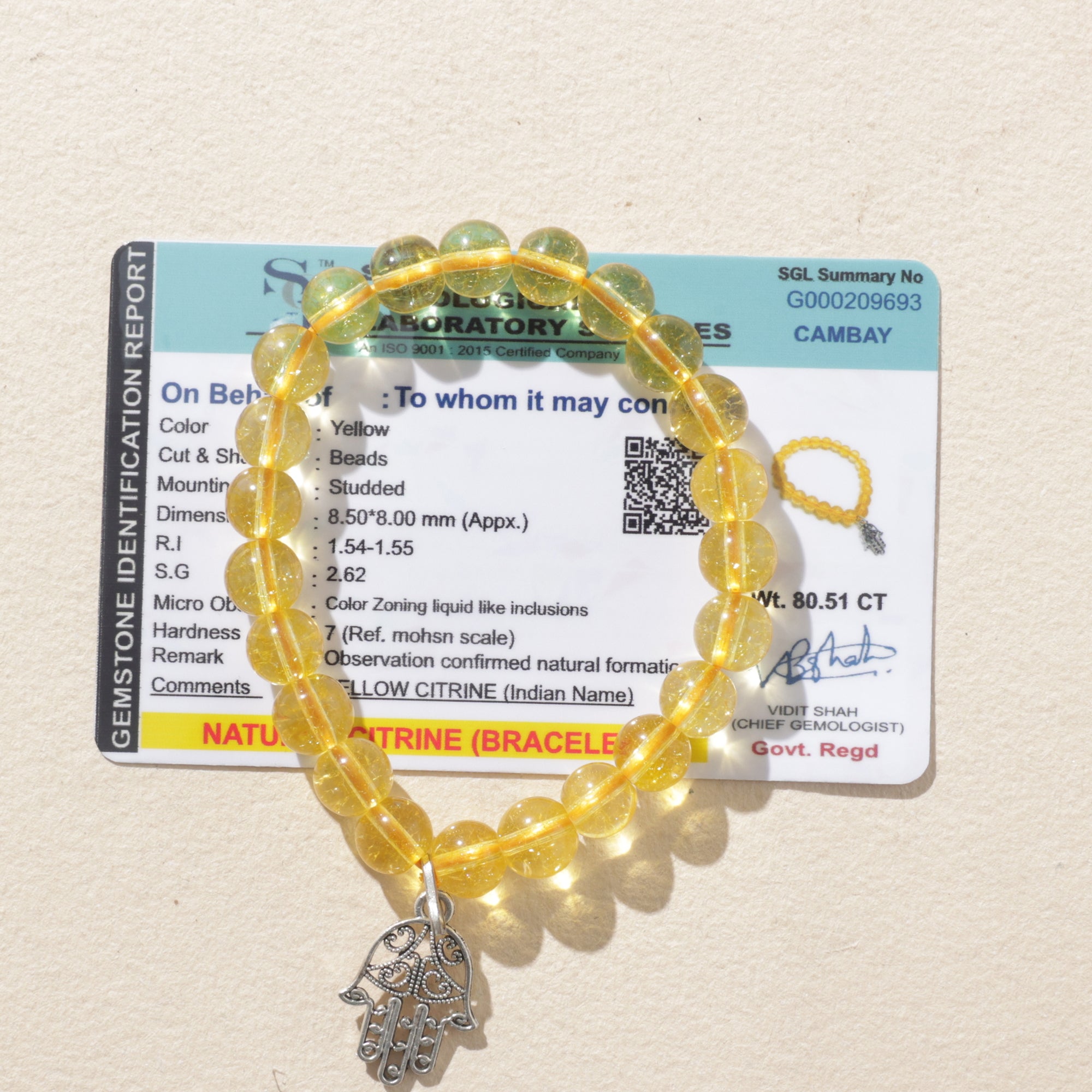 Certified Citrine Crystal Healing Bracelet with Hamsa Charm