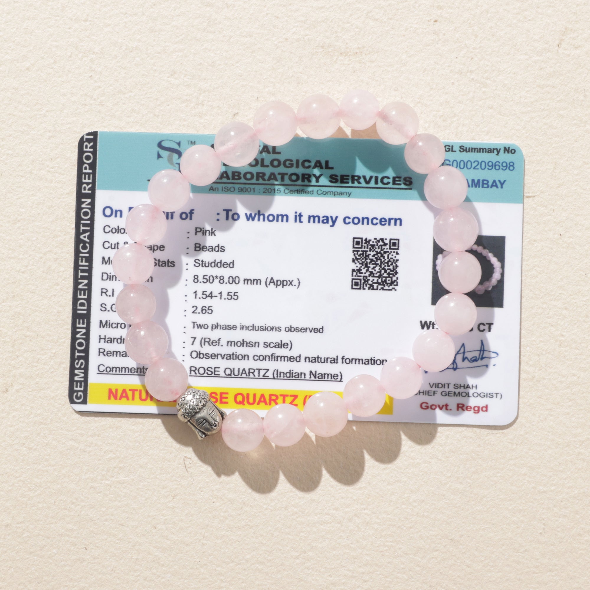 Certified Rose Quartz Crystal Bracelet with Buddha Head Charm