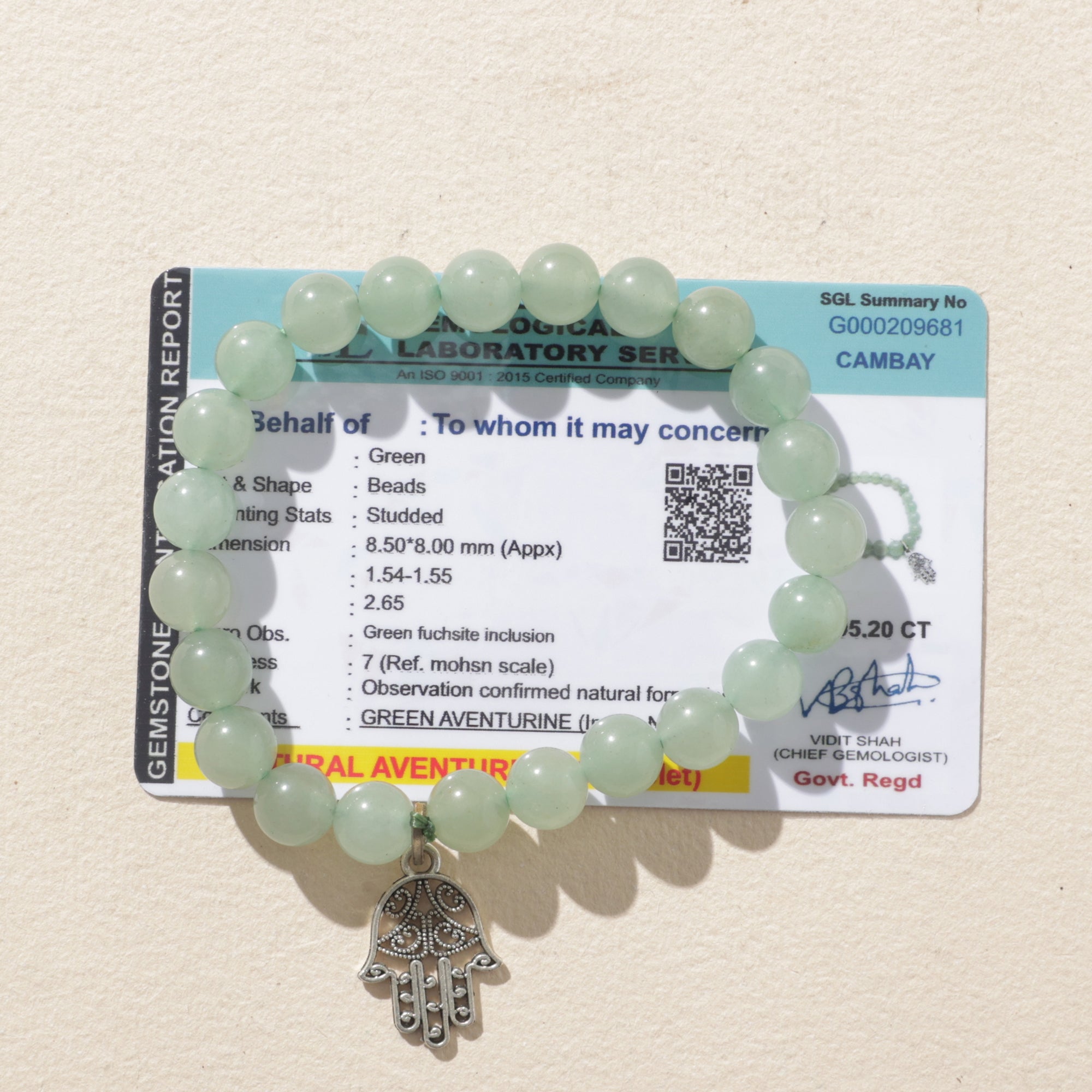 Certified Green Aventurine Crystal Bracelet with Hamsa Charm