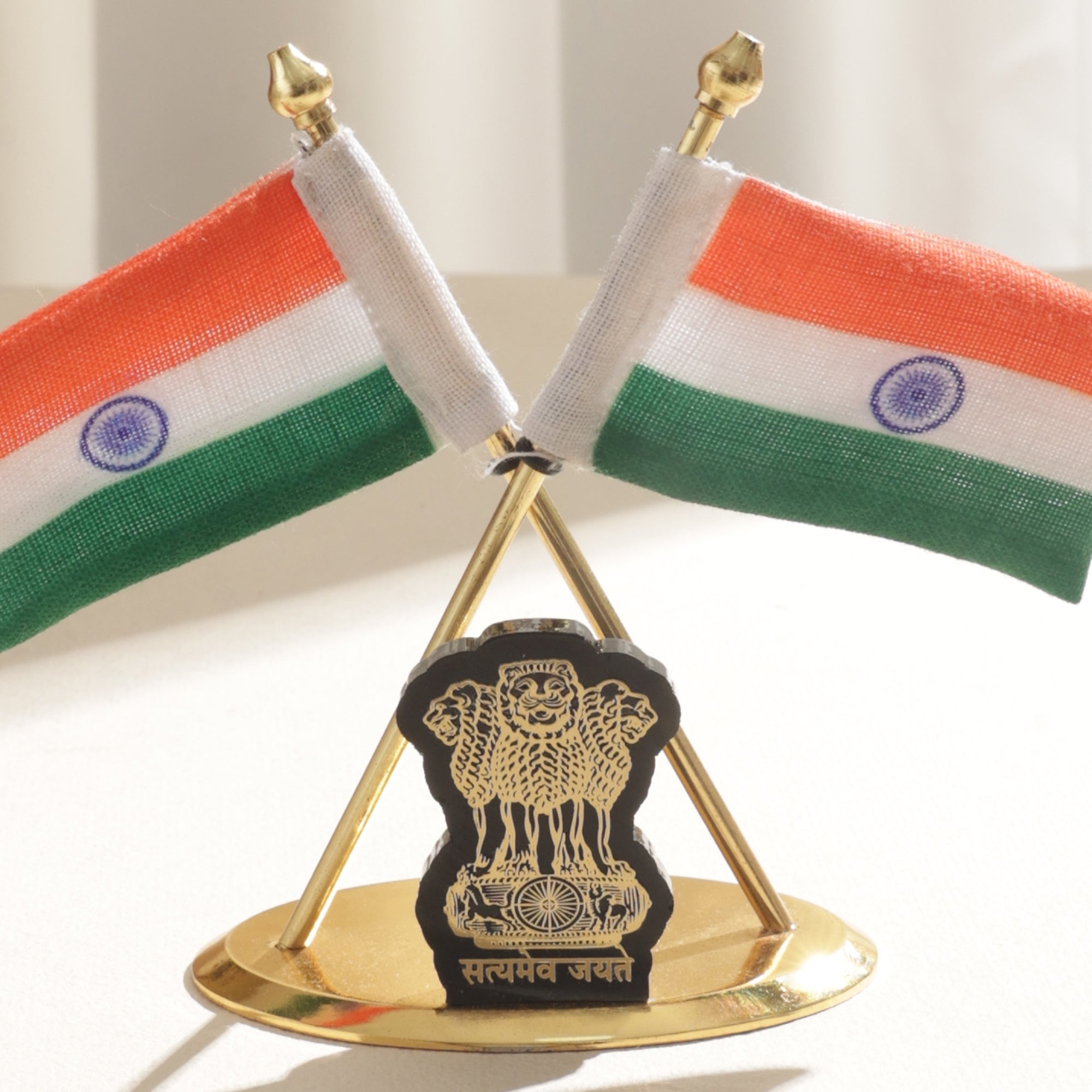 Brass coating Indian Flag with Ashok Stambh for Car Dashboard - 4 inch