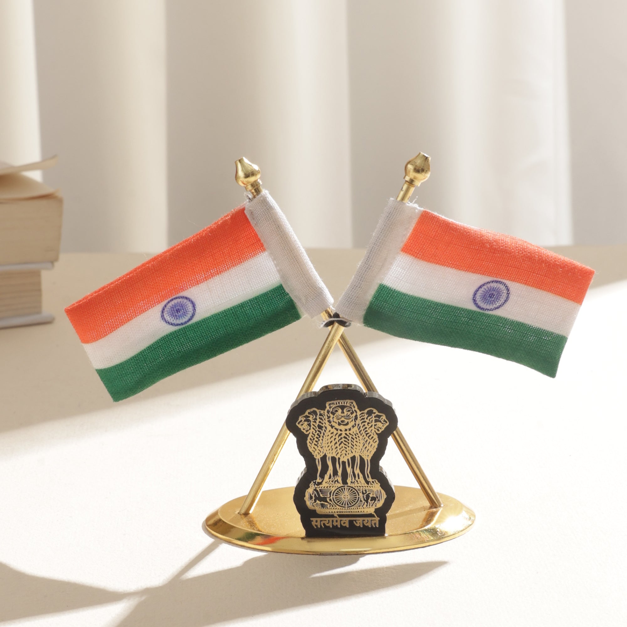 Brass coating Indian Flag with Ashok Stambh for Car Dashboard - 4 inch