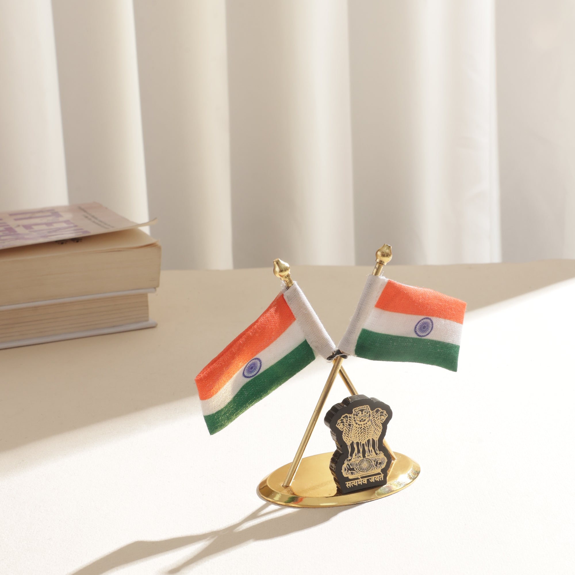 Brass coating Indian Flag with Ashok Stambh for Car Dashboard - 4 inch