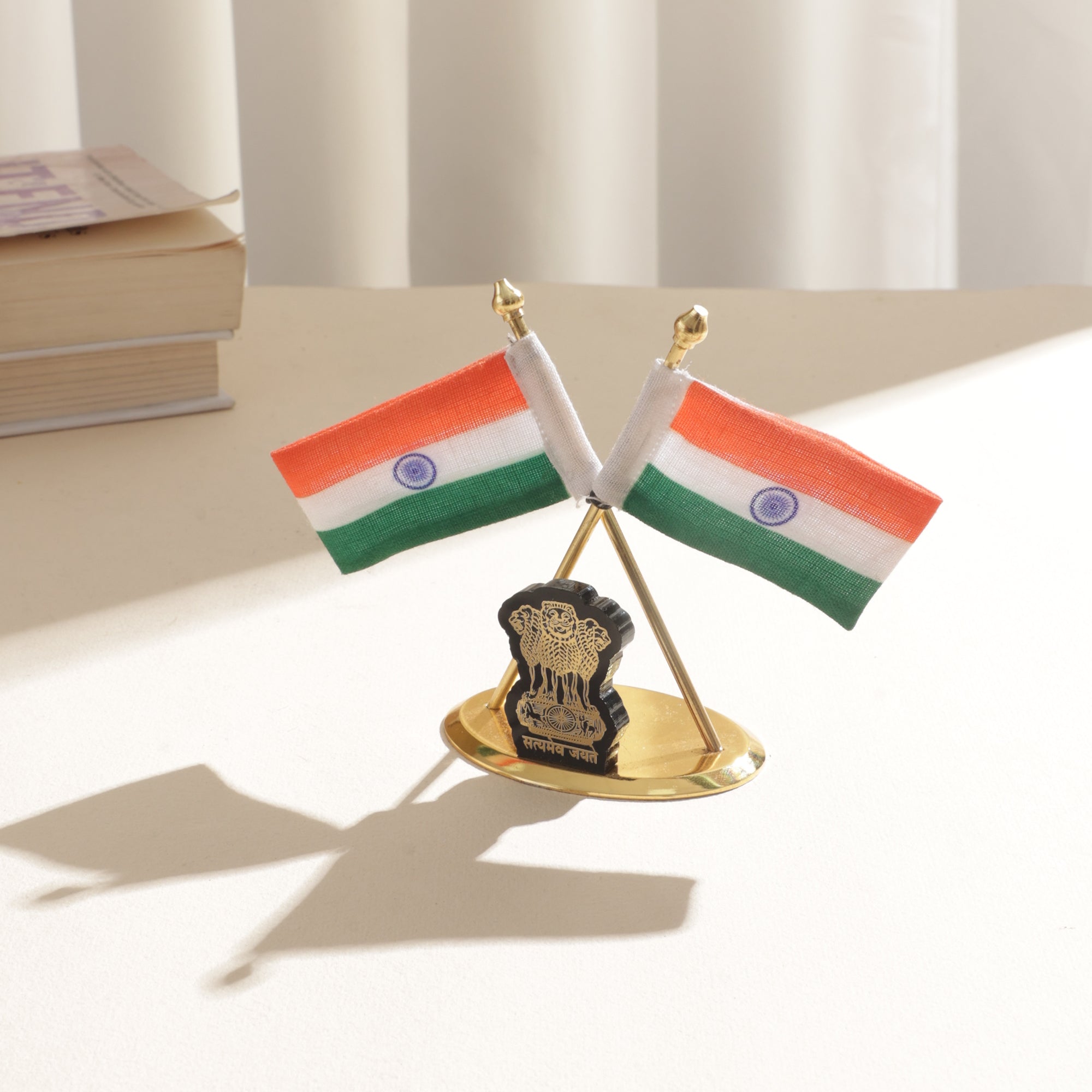 Brass coating Indian Flag with Ashok Stambh for Car Dashboard - 4 inch