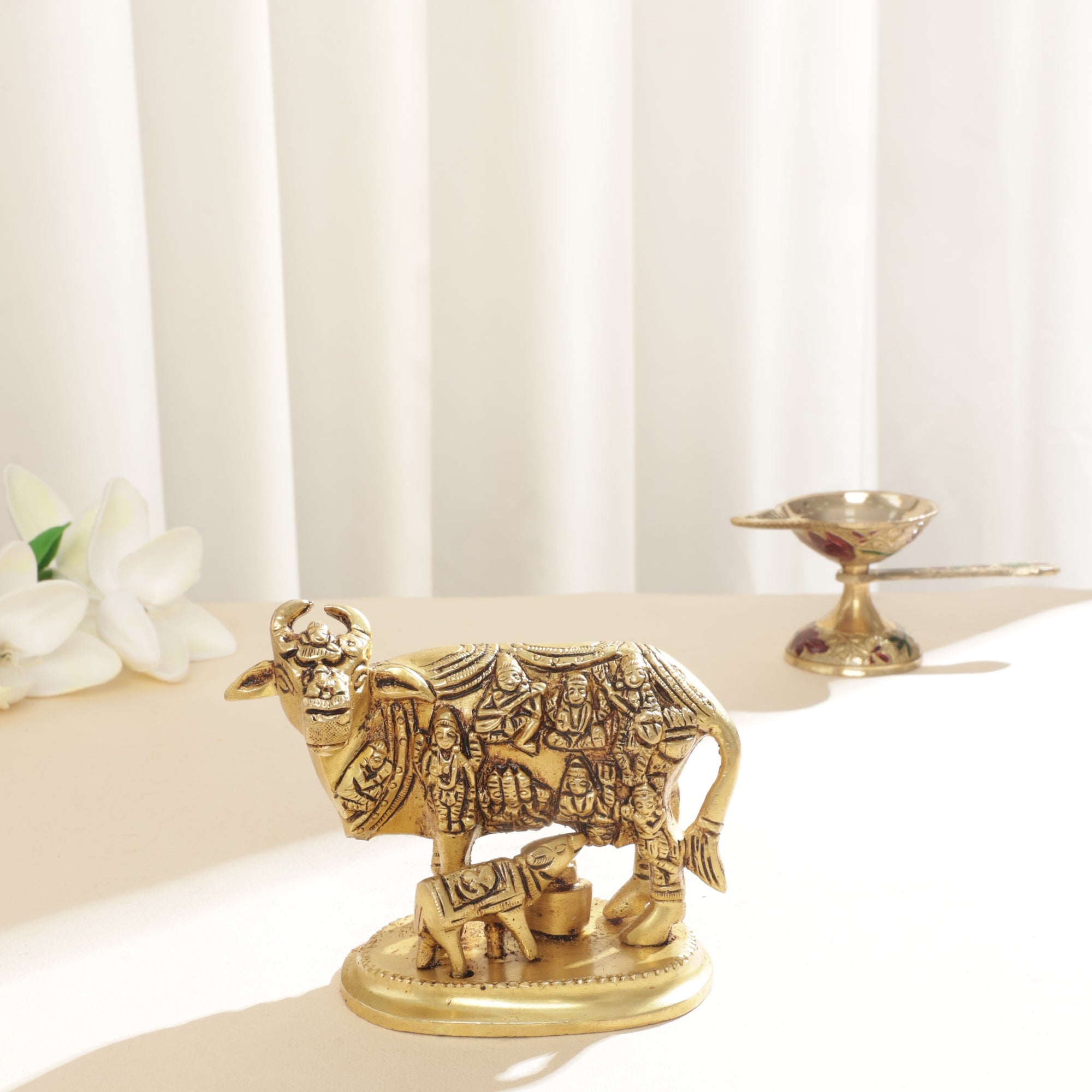 Brass Cow with Calf/Kamdhenu with all Gods - 5 Inch