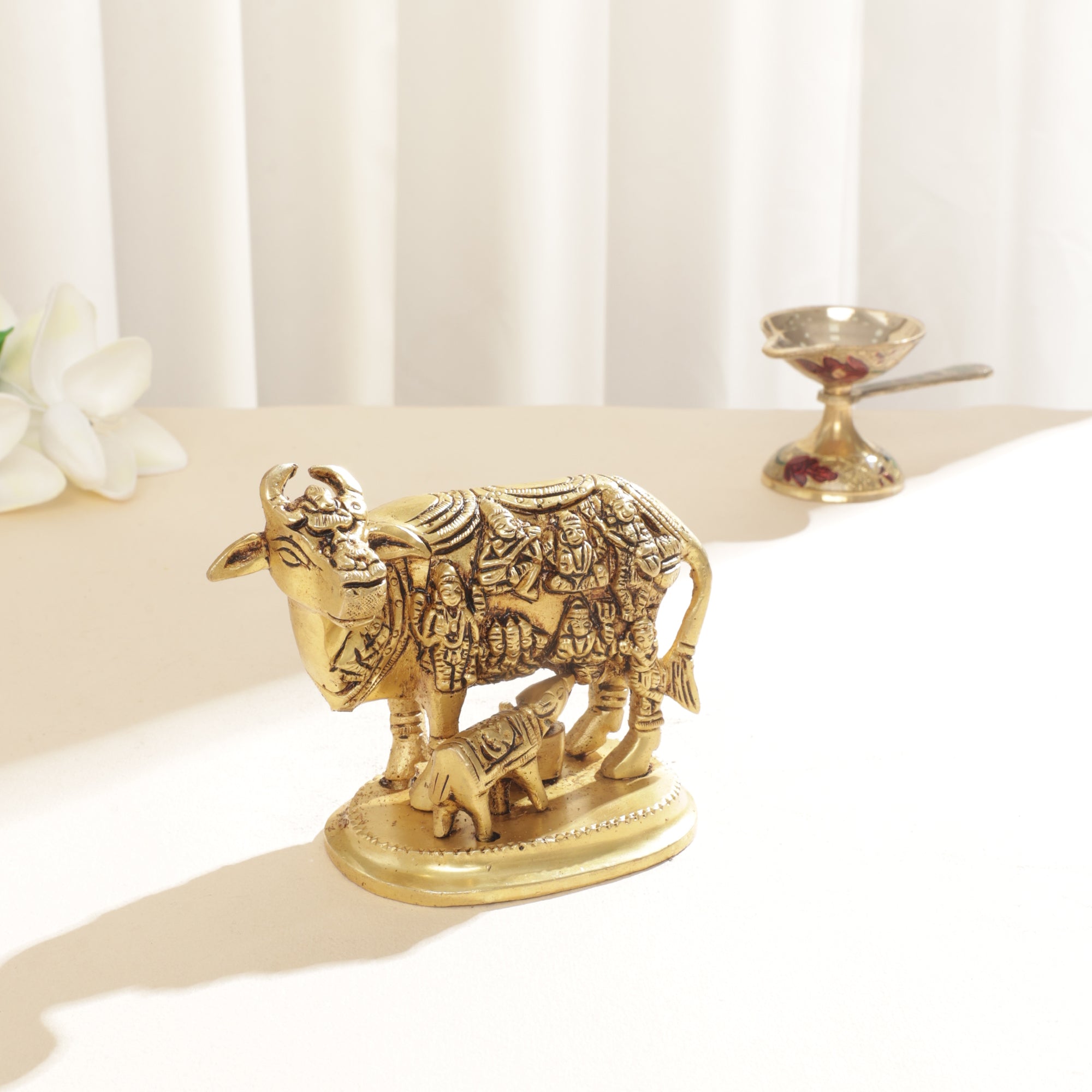 Brass Cow with Calf/Kamdhenu with all Gods - 5 Inch