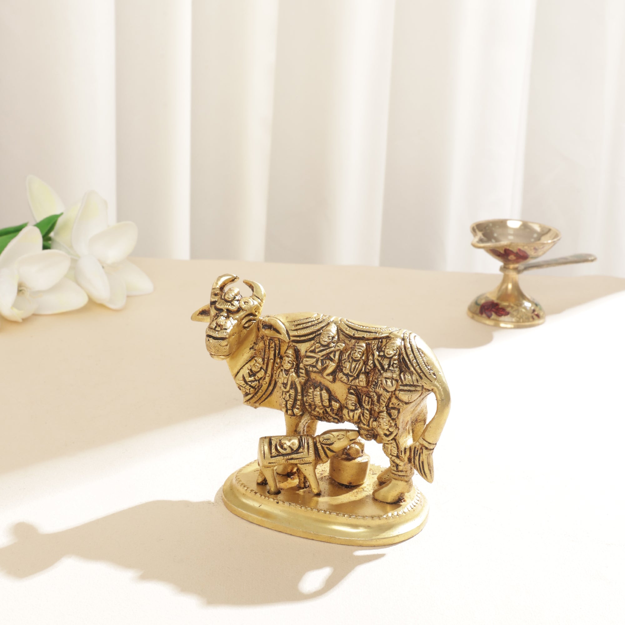 Brass Cow with Calf/Kamdhenu with all Gods - 5 Inch