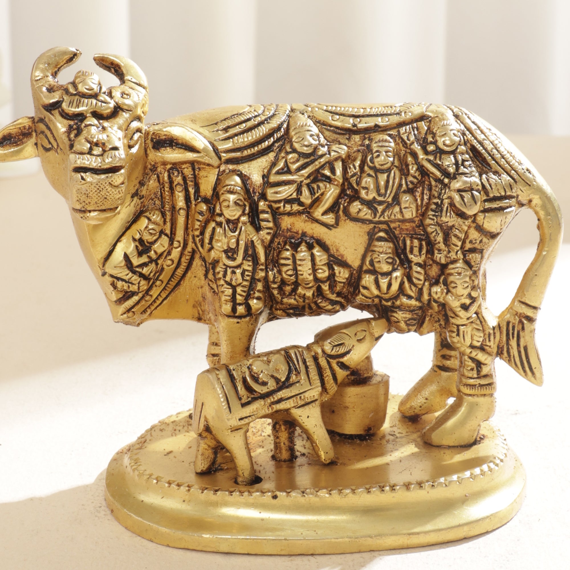 Brass Cow with Calf/Kamdhenu with all Gods - 5 Inch