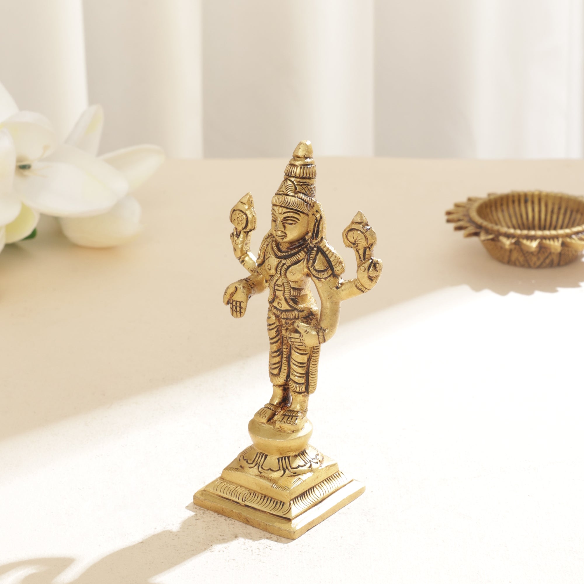 Brass Balaji with Devasena and Valli - 4 inch