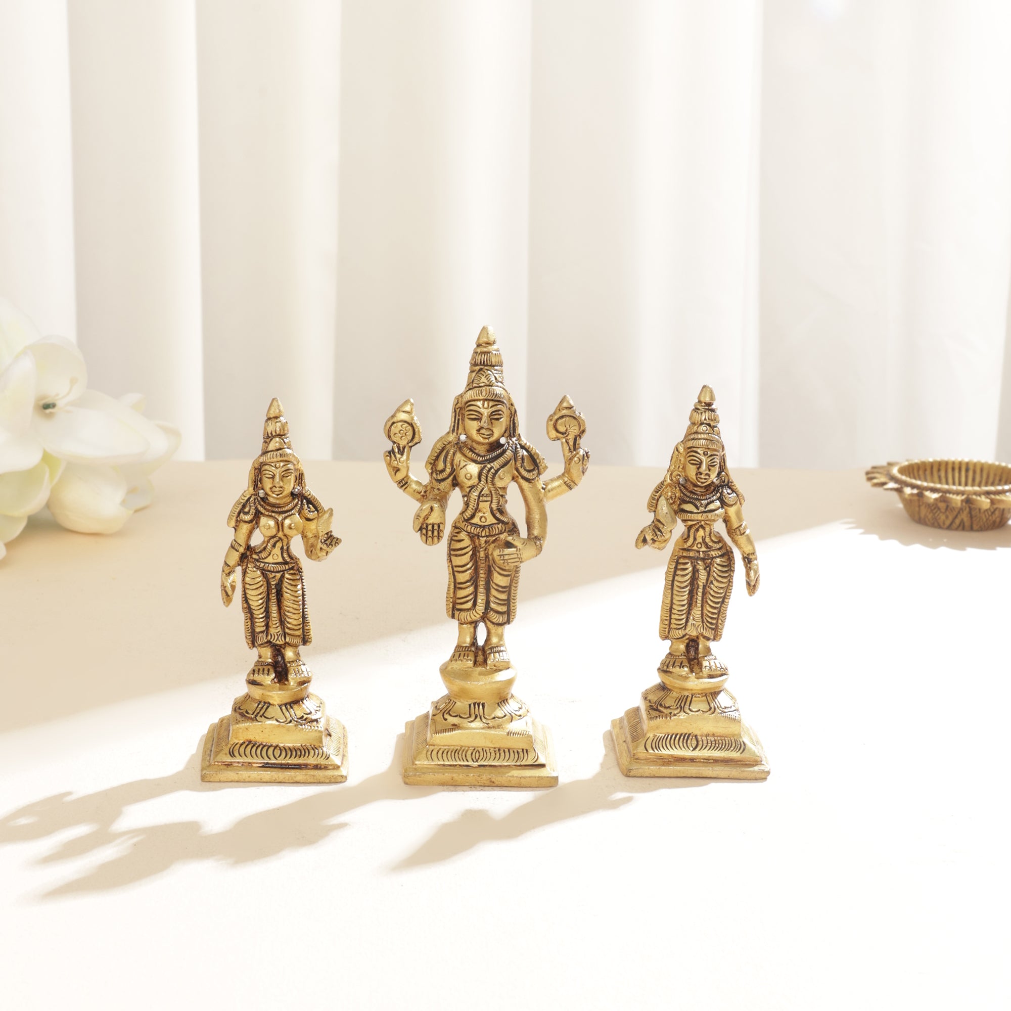 Brass Balaji with Devasena and Valli - 4 inch