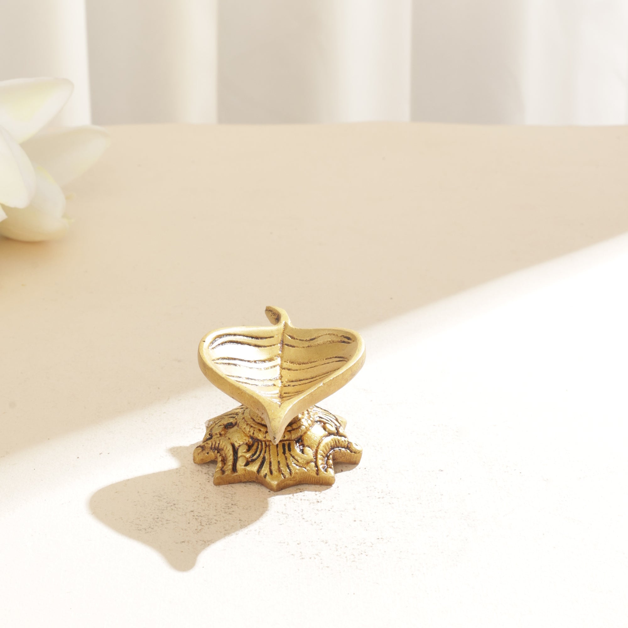 Brass Leaf Diya with Carving Stand - 1.5 inch