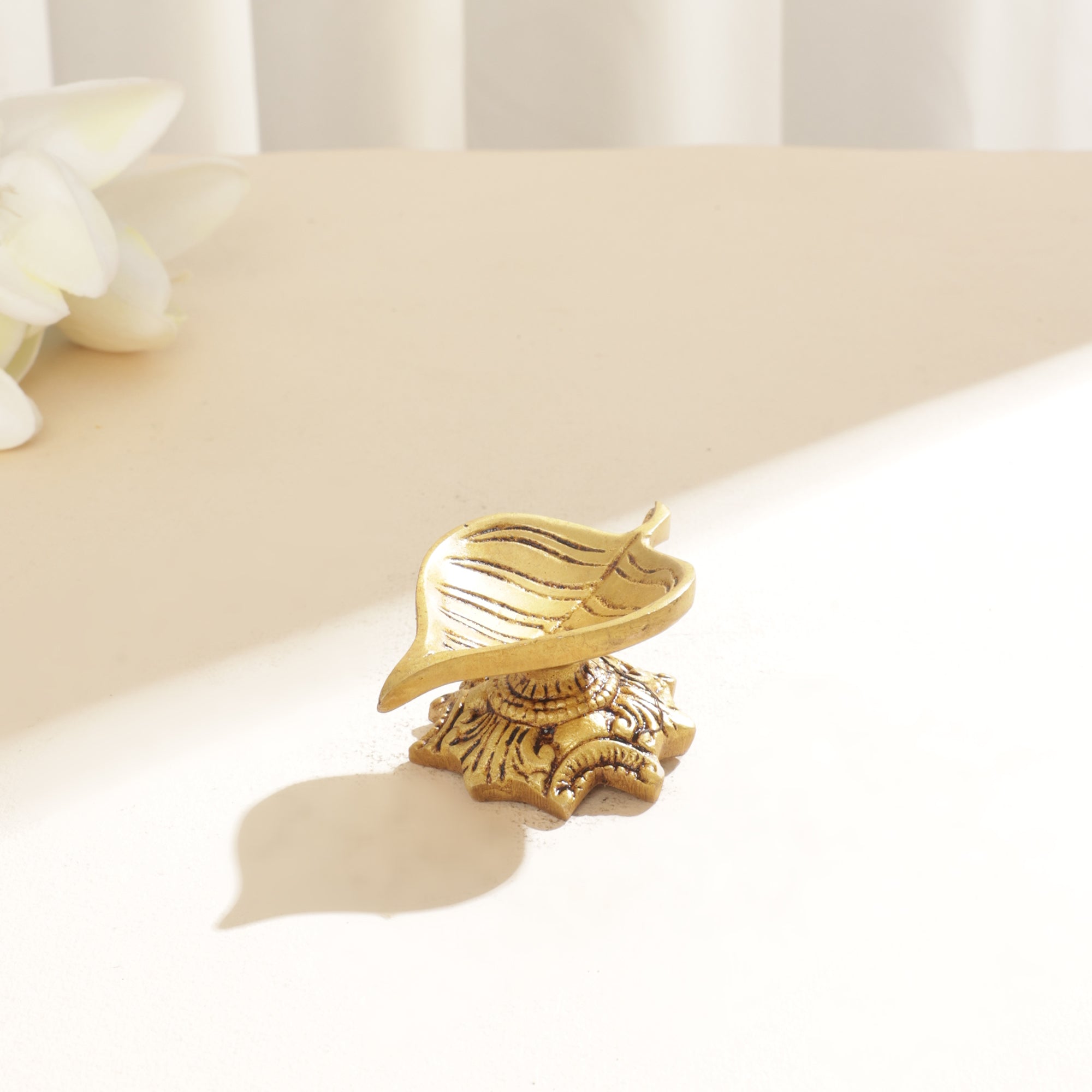 Brass Leaf Diya with Carving Stand - 1.5 inch
